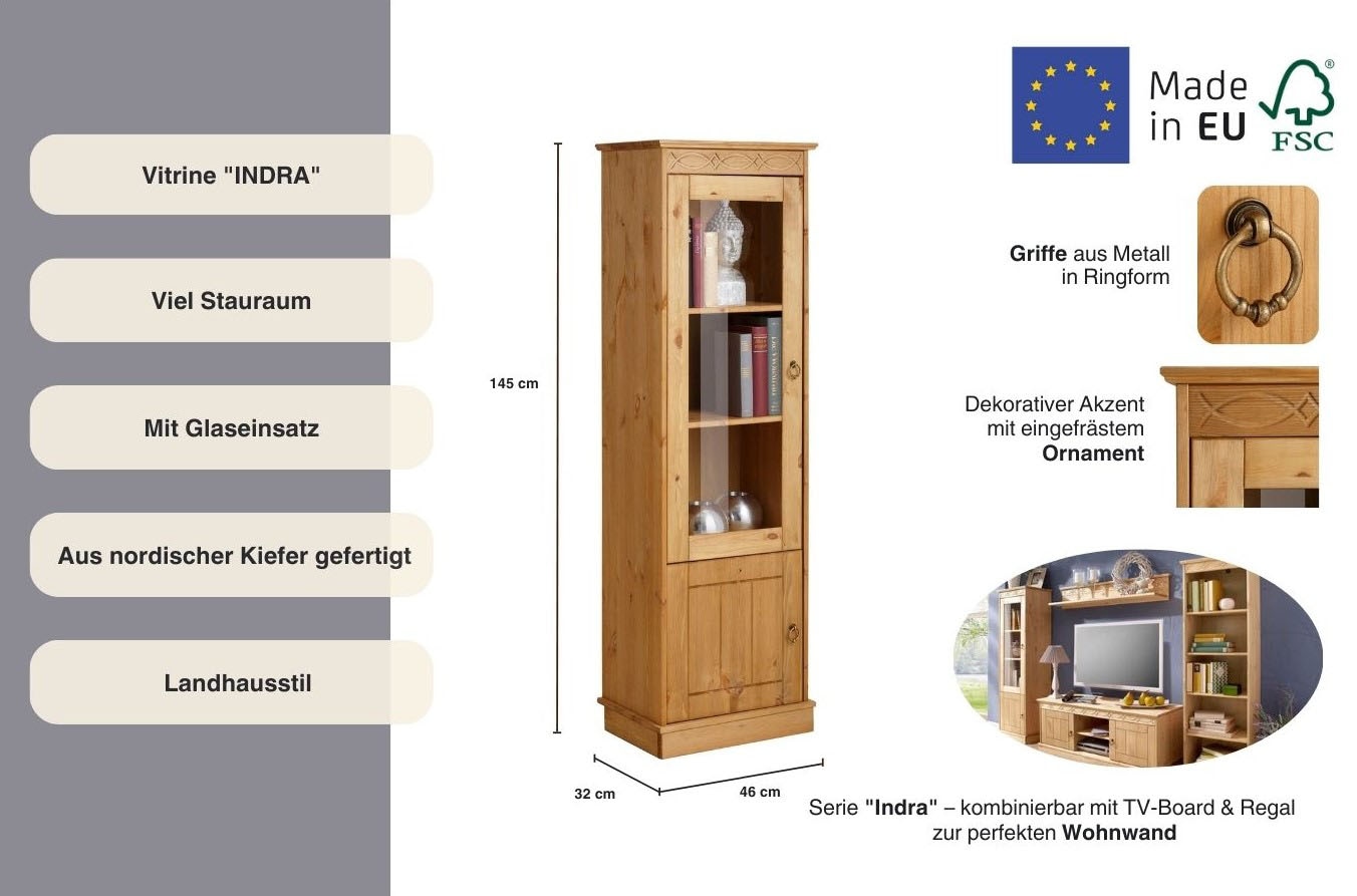 Home affaire Vitrine »Indra«, aus massiver Kiefer, FSC®, 2trg., Höhe 145 cm, dezentes Ornament