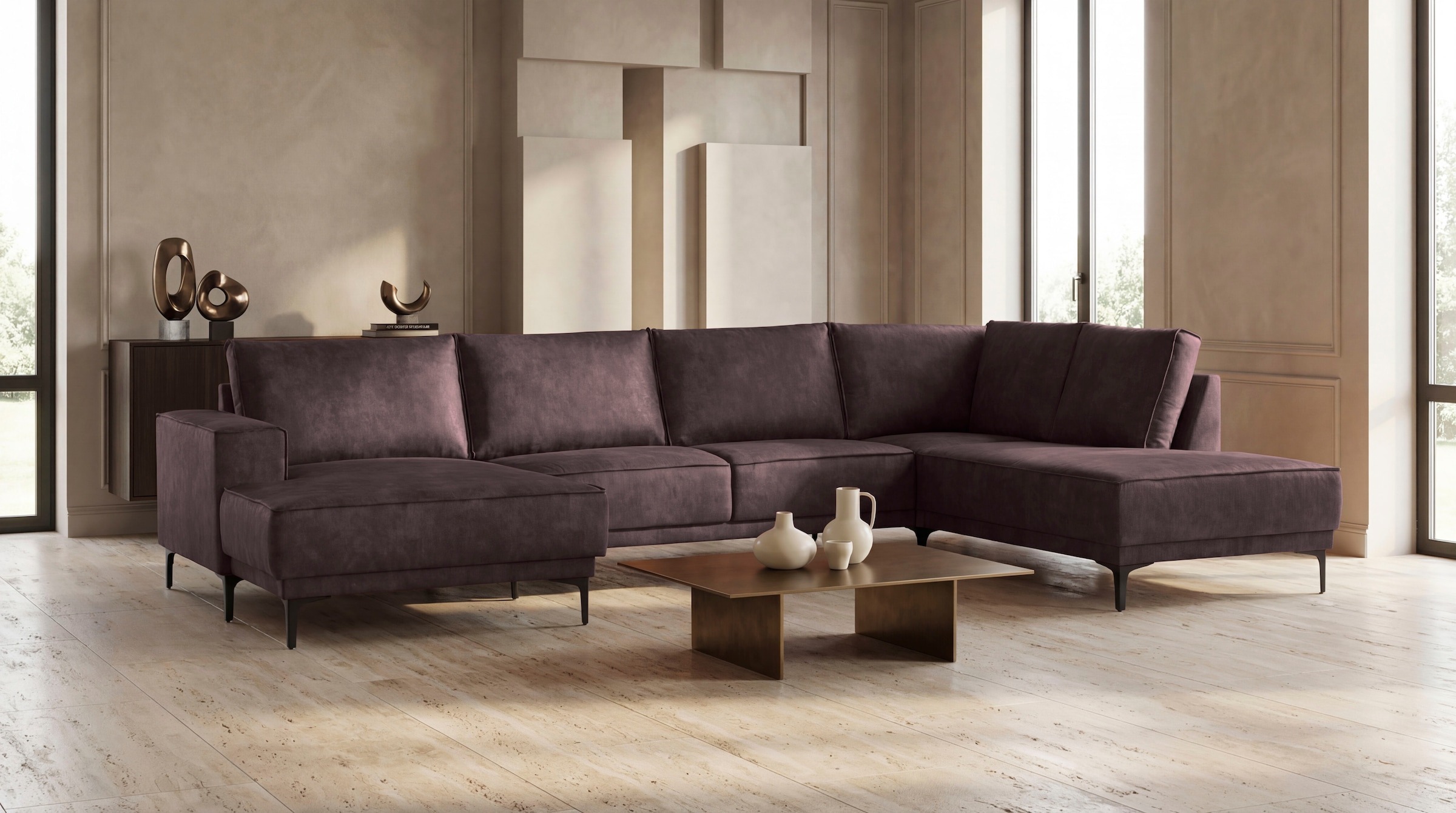 OTTO home Wohnlandschaft "OLAND Luxus-Microfaser U-Form, XXL, B: 345 cm, Skandi-Design" U-Form, 345 cm, Wellenunterfederung, Skandi-Design, Metallfüße