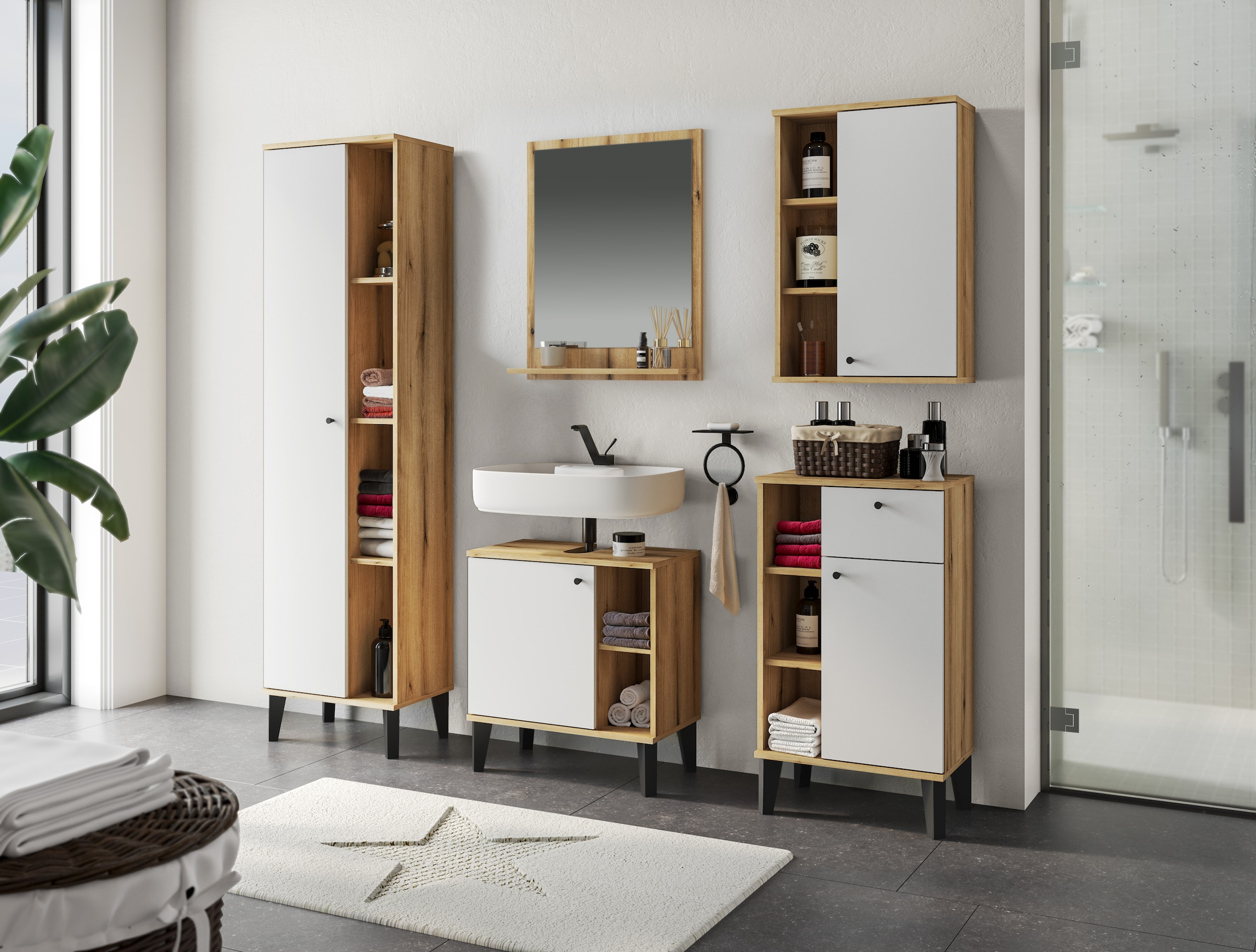 INOSIGN Badmöbel-Set »OSLO, Bad im skandinavischen Design, 5-teiliges Badezimmer«, (Set, 5 St.), Badschränke und Spiegel, in zwei Farben verfügbar, viel Stauraum