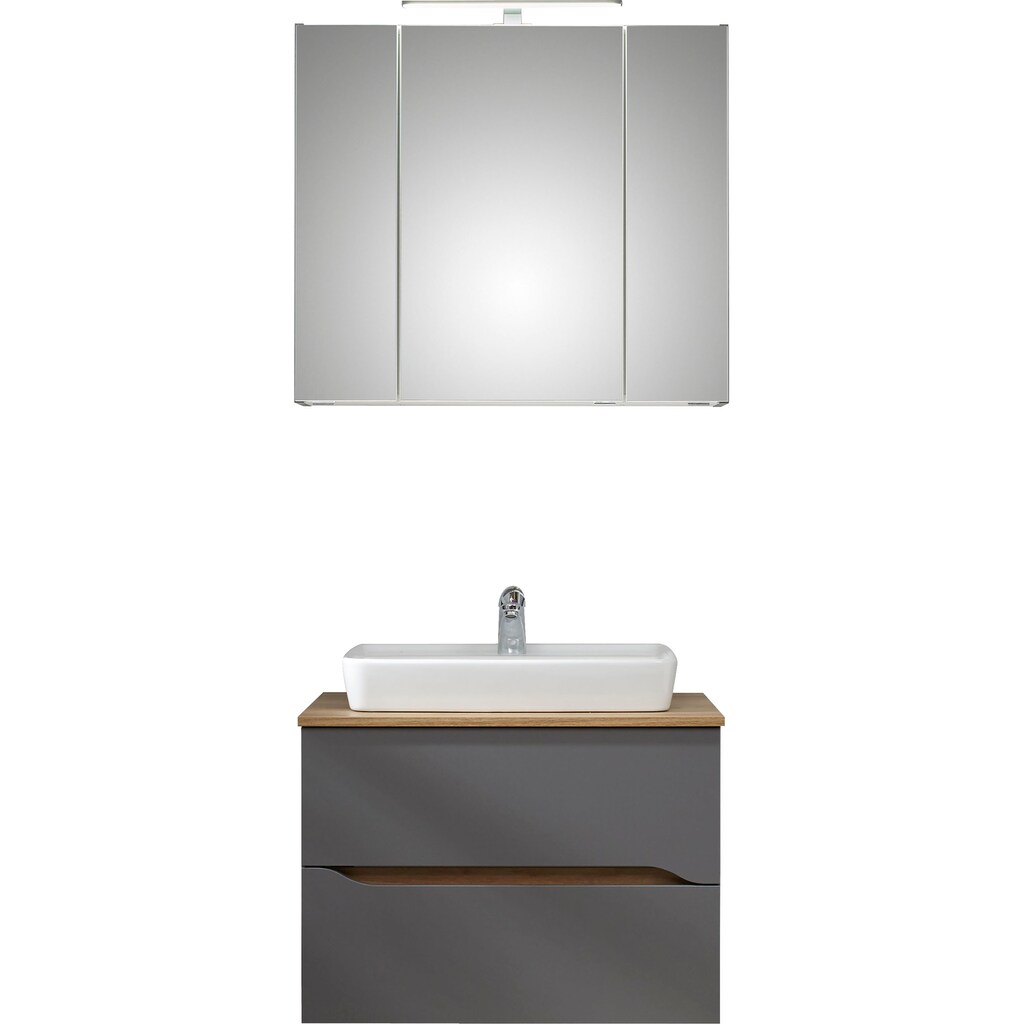 Saphir Badmöbel-Set »Quickset 2-teilig, Keramik-Aufsatzbecken mit LED-Spiegelschrank«, (2 St.), 80 cm breit, 2 Schubladen, 3 Spiegeltüren, 6 Einlegeböden