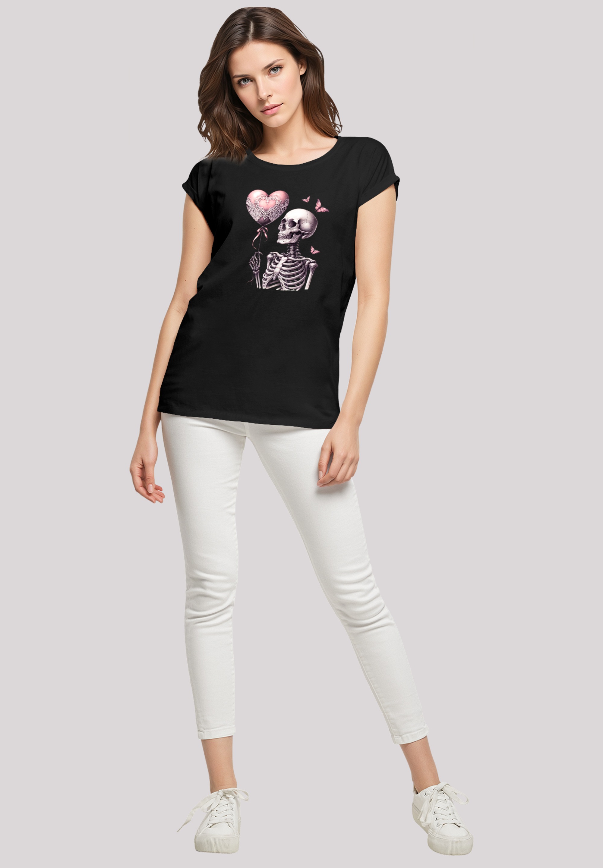 F4NT4STIC T-Shirt »Skelett hält Herzballon«, Premium Qualität