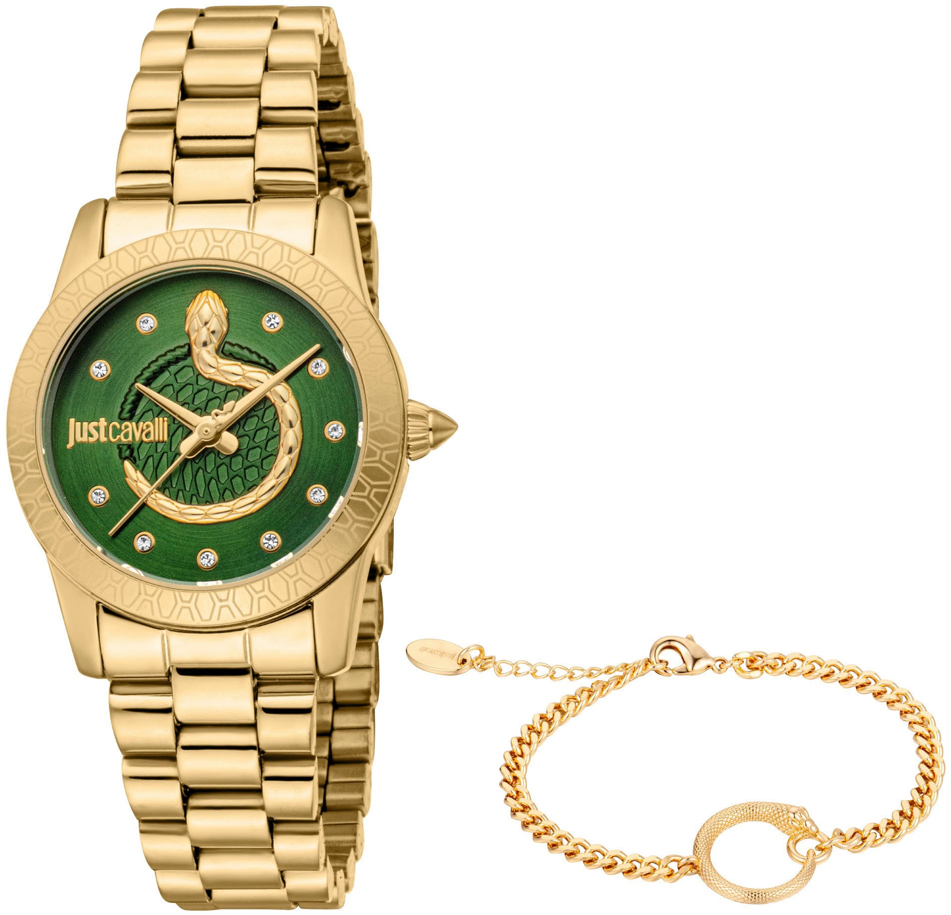 Just Cavalli Time Quarzuhr »Snake«, (Set, 2 tlg., mit passendem Schmuckarmband), Armbanduhr, Damenuhr, Edelstahlarmband, Ideal auch als Geschenk