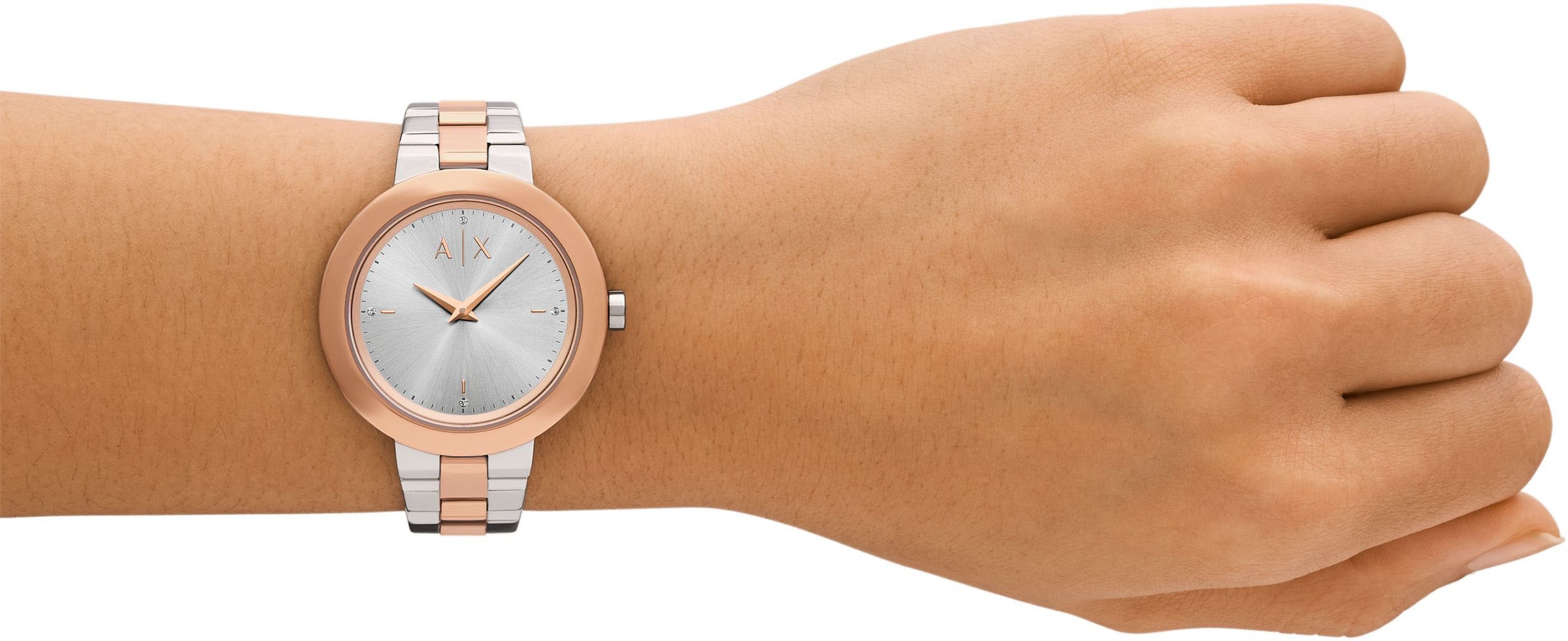 ARMANI EXCHANGE Quarzuhr, Armbanduhr, Damenuhr, Edelstahlarmband, analog, Glassteine