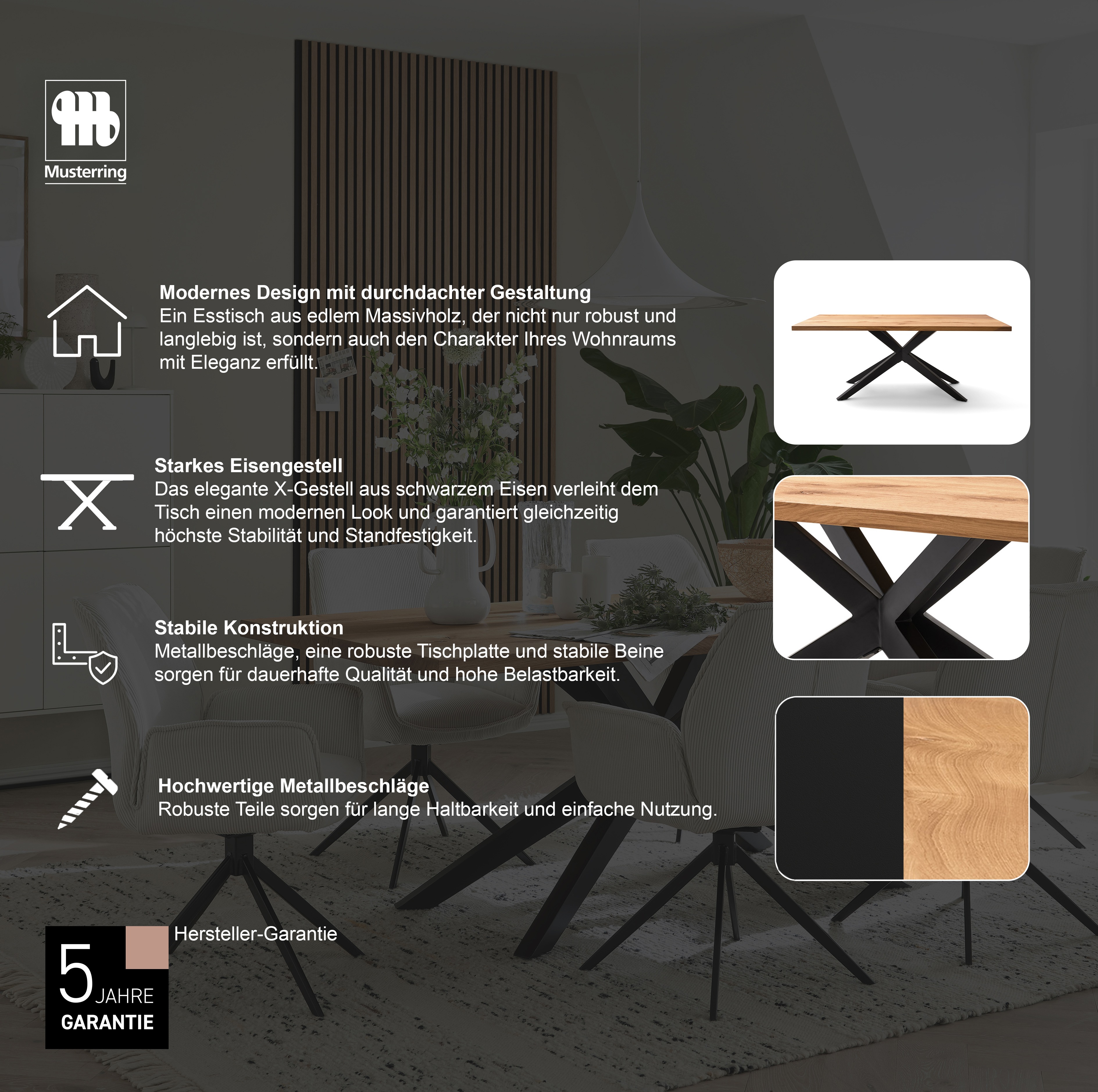 Thumbnail - Musterring Esstisch "Tiama" mit fester Platte in Barock-Eiche massiv, 40mm, Eisengestell schwarz