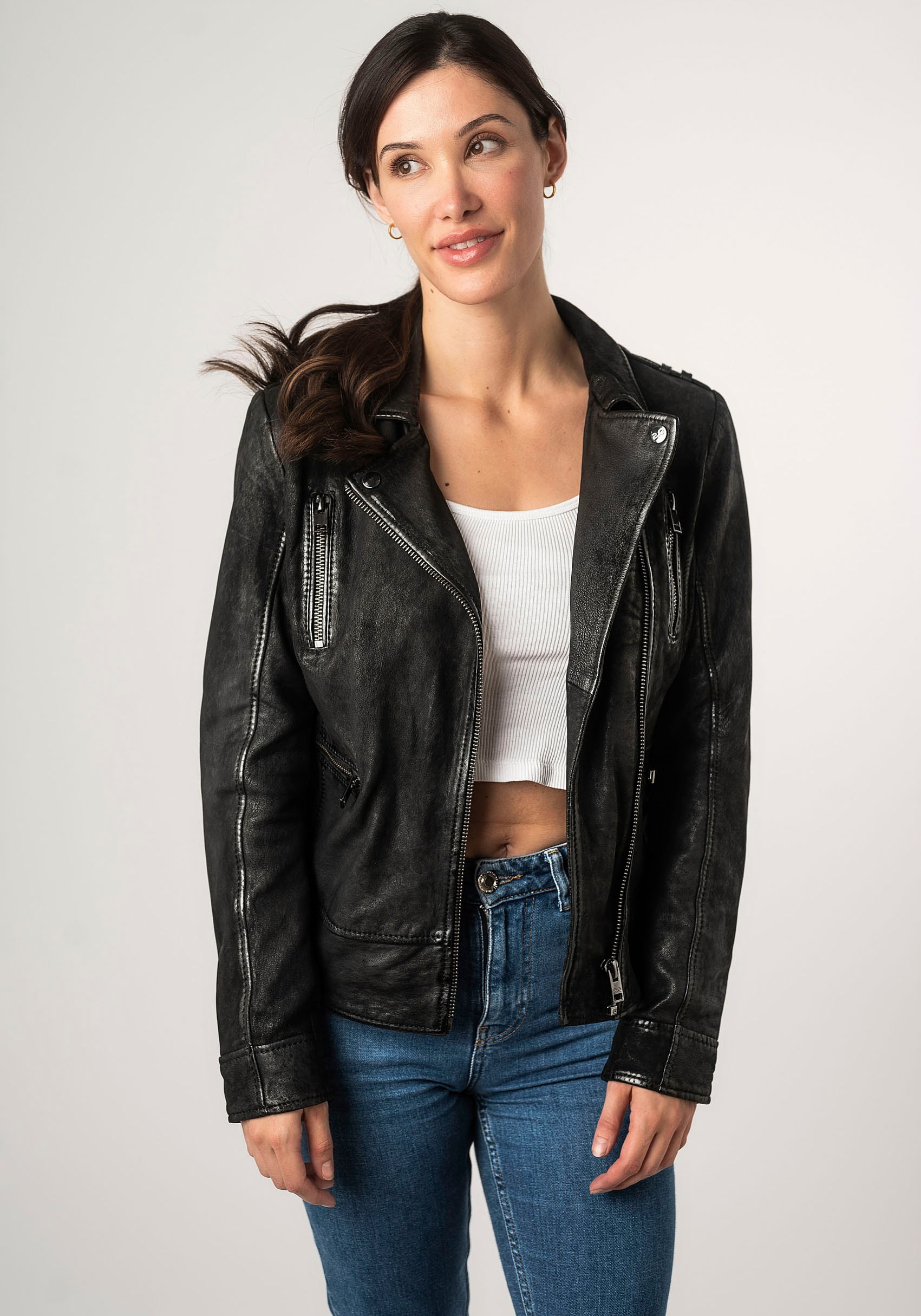 Mauritius Lederjacke »2Wtashi«, mit Schulterklappen, mit Nieten, mit Zipper-Taschen