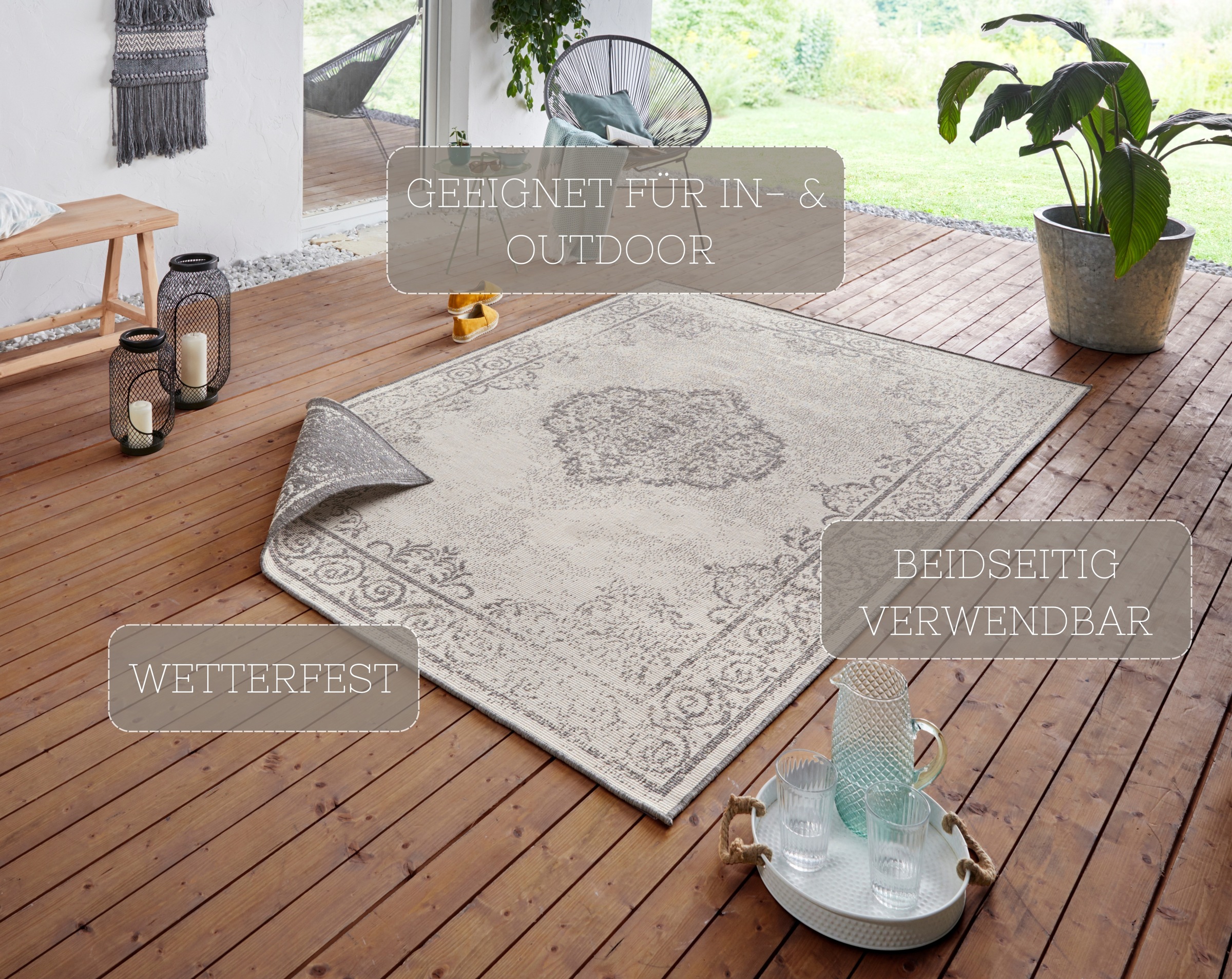 Teppich HANSE HOME "CEBU Wendeteppich" Gr. 3, beige (creme, grau), B:120cm H:5mm L:170cm, Polypropylen (PP), Teppiche, Teppich, In-& Outdoor, Wetterfest, Balkon, Wohnzimmer, Wasserfest, Orientalisch 2