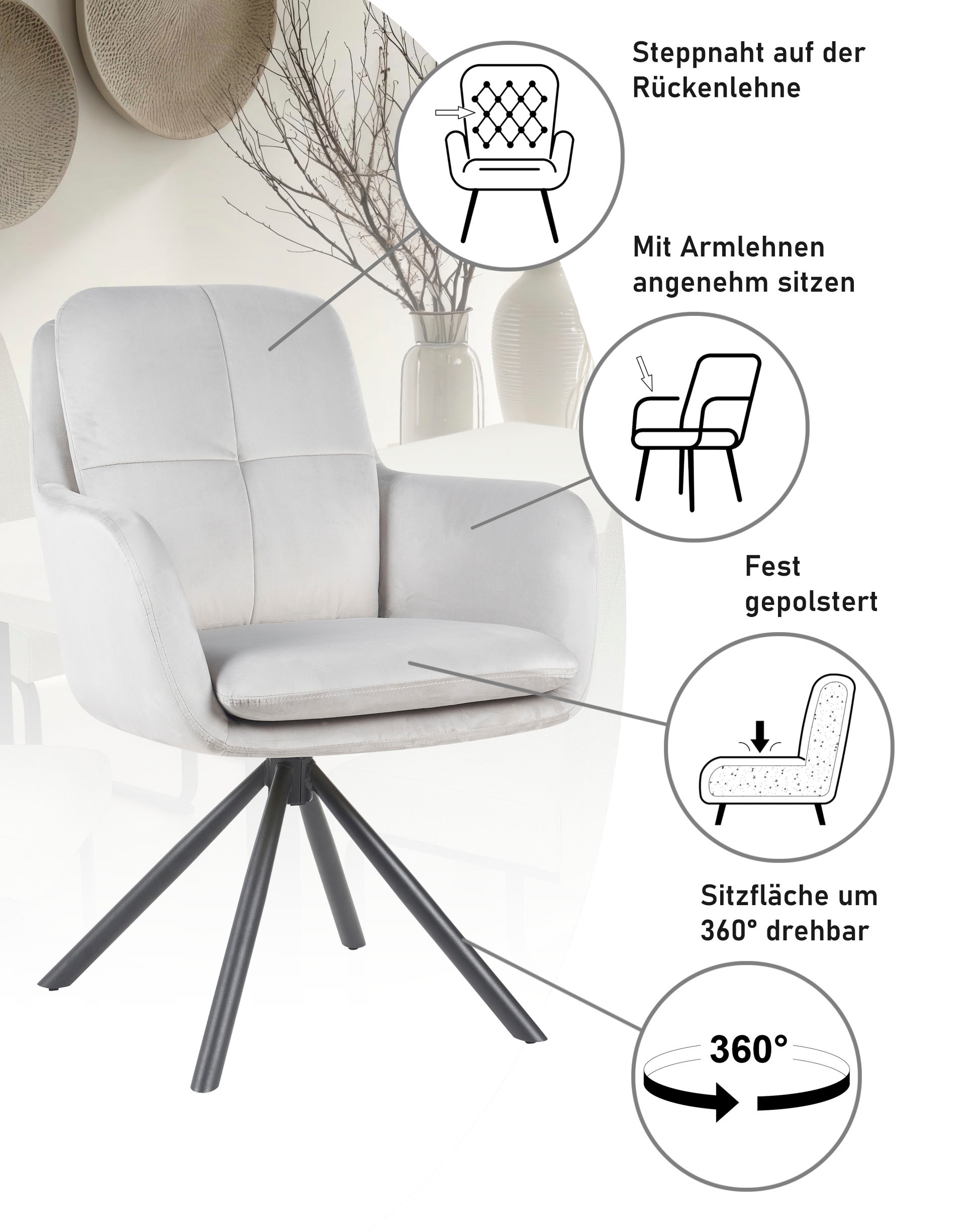 HELA Armlehnstuhl »PARMA« (Set) 2 Stk.2er Pack, 360° drehbar, 4-Fuß, Kissenoptik, Samtvelour, Armlehnen