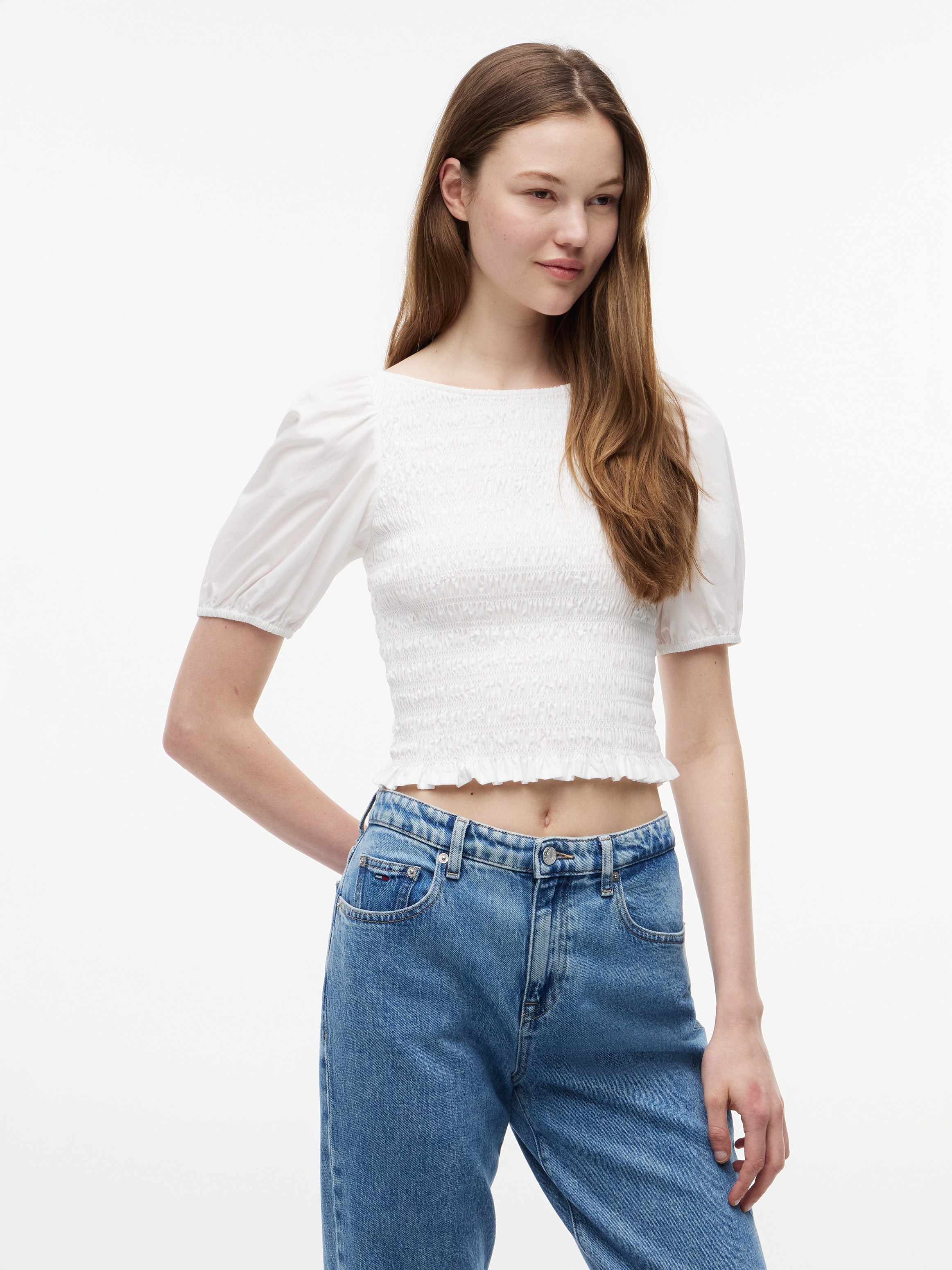 Tommy Jeans Kurzarmbluse "TJW SMOCKED SS BLOUSE" Baumwolle, Puffärmel