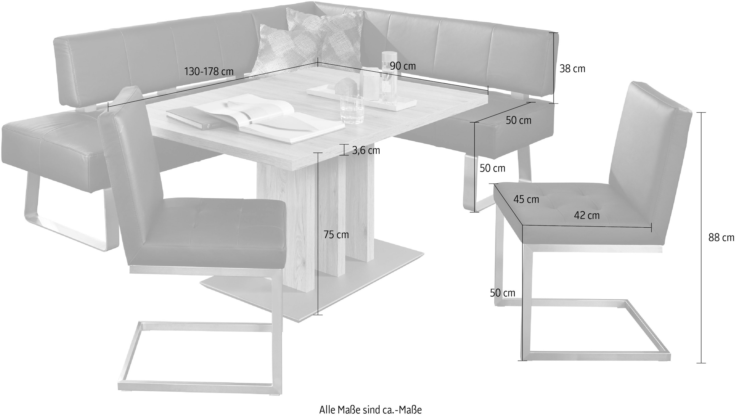 K+W Komfort & Wohnen Eckbankgruppe »Spider II«, (Set, 4 tlg.), langer Schenkel 227cm, 2 Freischwinger, Auszugstisch in Breite 130 cm