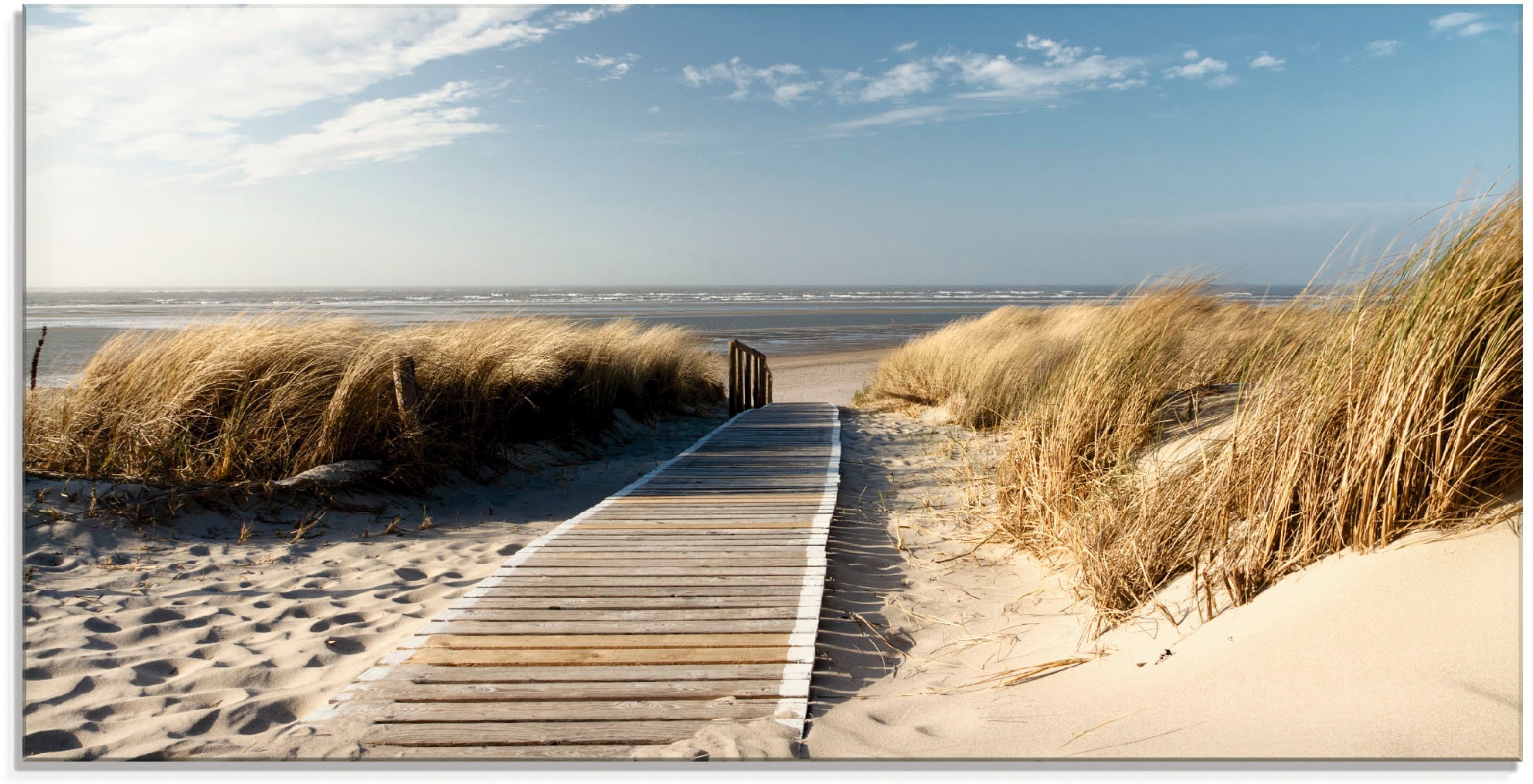 Glasbild ARTLAND "Nordseestrand auf Langeoog - Steg", beige (farbe bild(er): naturfarben), B:100cm H:50cm, Bilder, in verschiedenen Größen