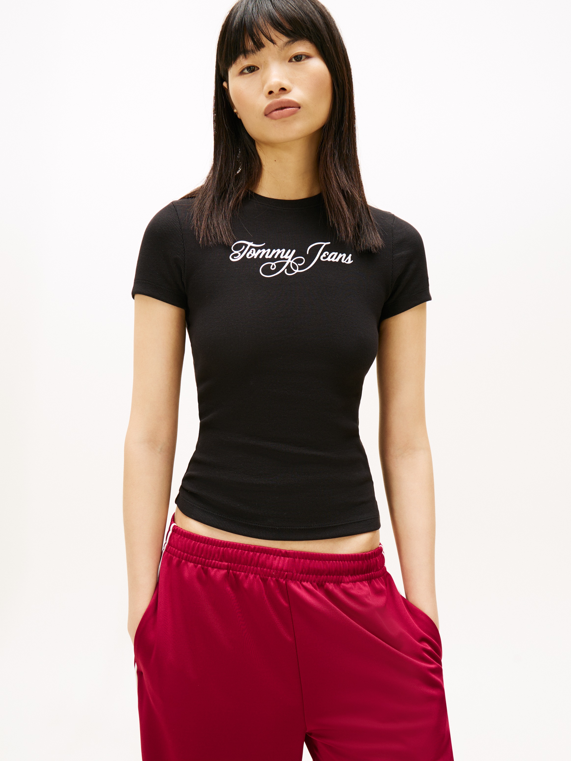Tommy Jeans Kurzarmshirt "TJW SLIM ESS LOGO 1 RIB TEE EXT" in gerippter Str günstig online kaufen