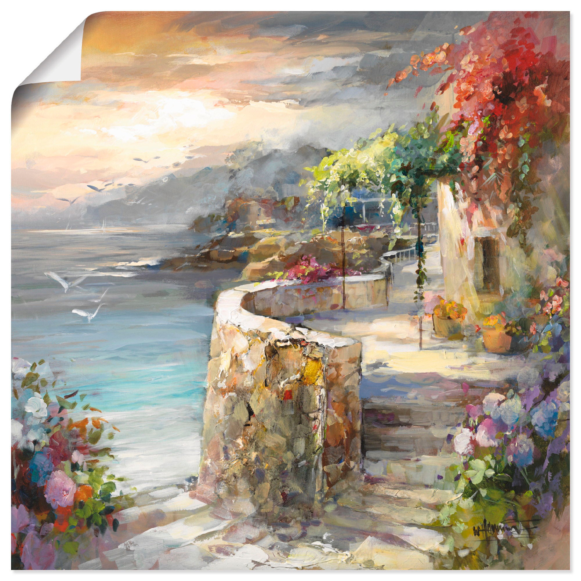 (1 oder Wandbild Leinwandbild, in als Wandaufkleber Artland »Möwen | versch. St.), und Sonnenuntergang«, Größen Gewässer, bestellen Poster BAUR