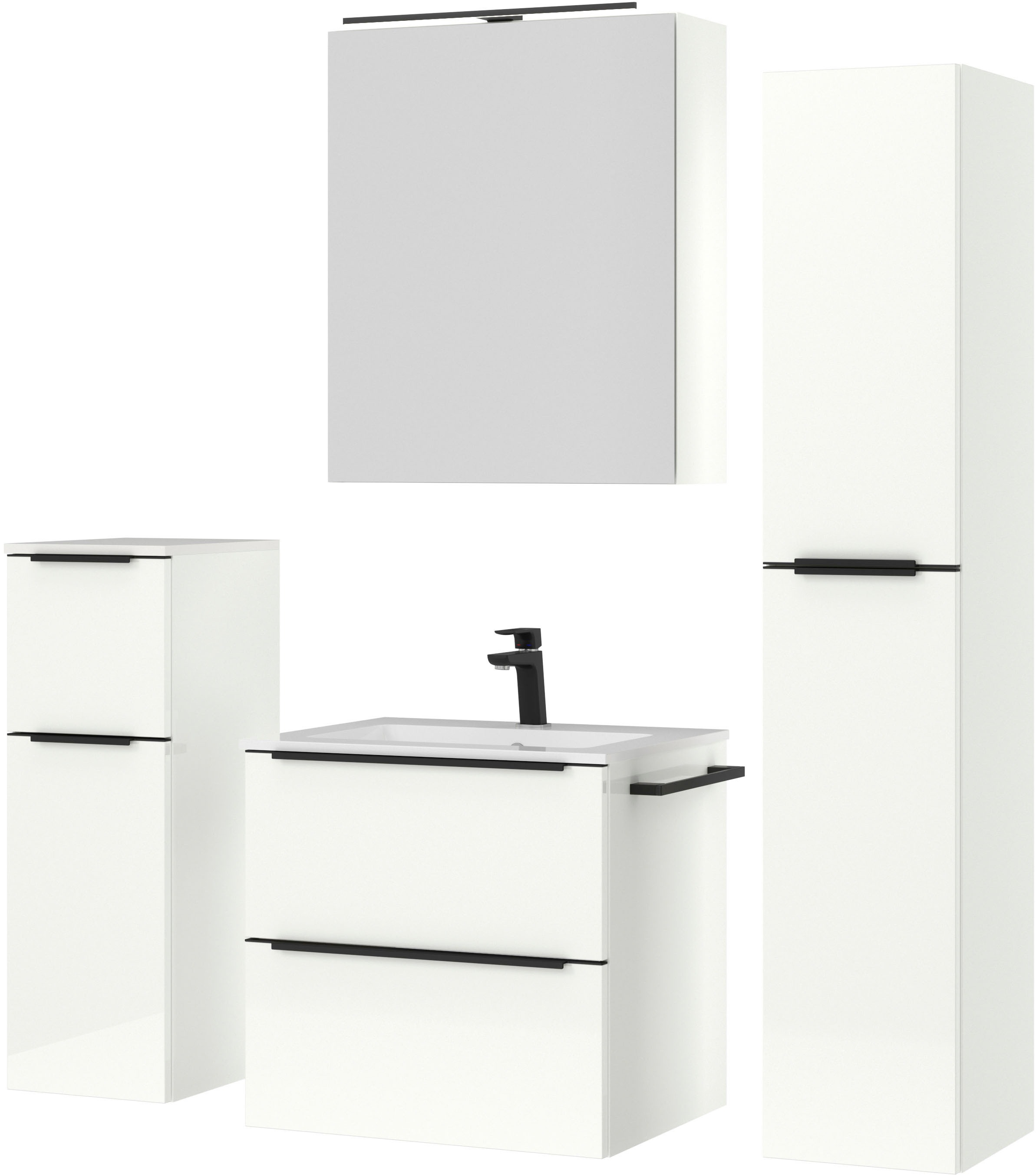 nobilia® Badmöbel-Set »Levere«, (4 St., vormontiert, mit Soft-Close), inkl. Spiegelschrank mit Beleuchtung und Dimmerfunktion, in 4 Breiten