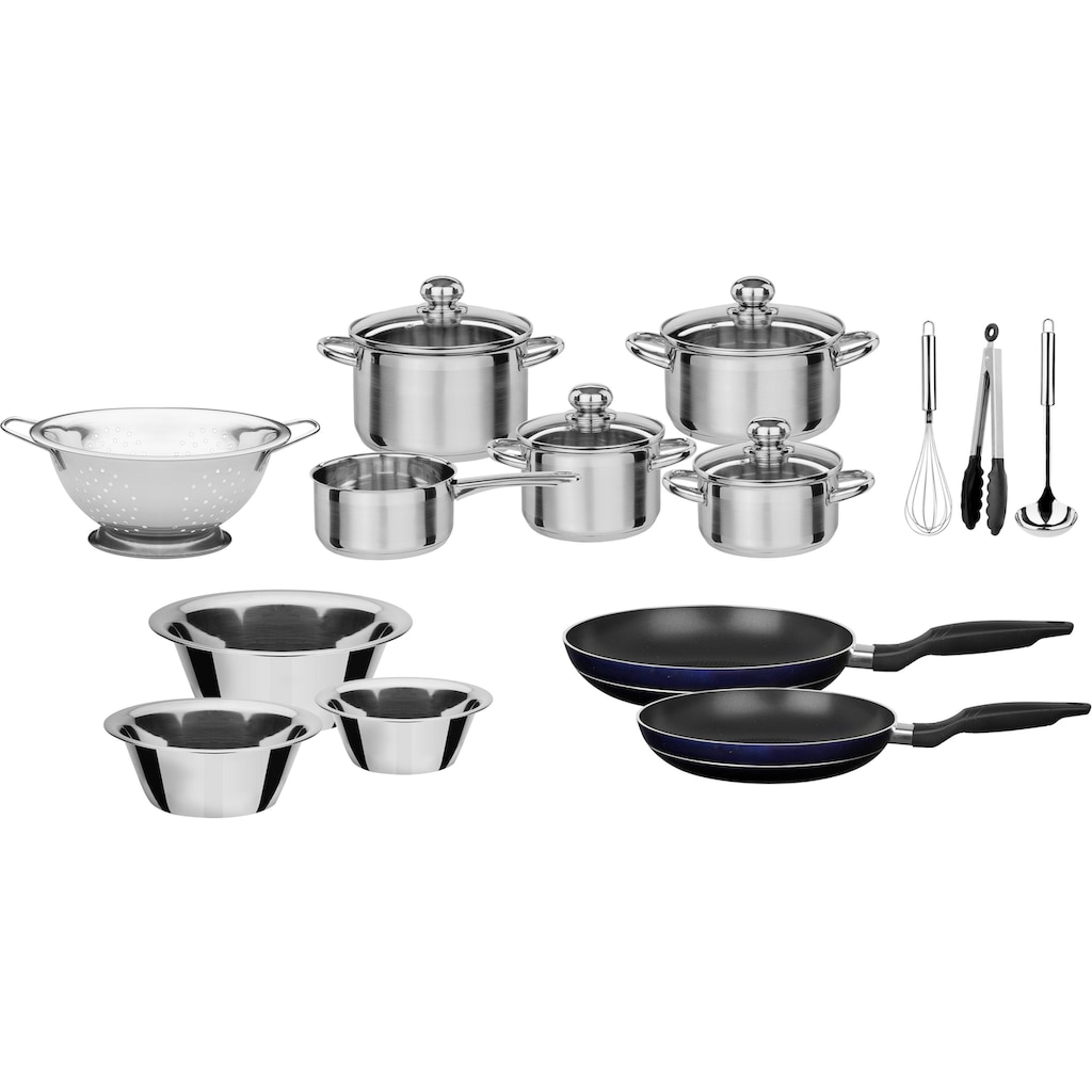 GSW Topf-Set »Silver Star«, Edelstahl, (Set, 18 tlg., Bratentopf Ø 16/20 cm, Fleischtopf Ø 16/20 cm, Bratpfanne Ø 24/28 cm)