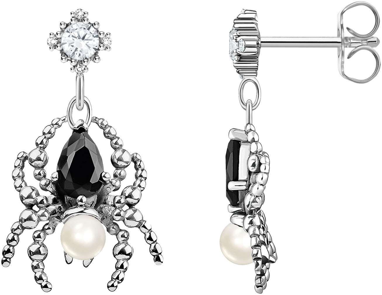 Paar Ohrhänger THOMAS SABO "Spider Romance, Spinnen-Design", bunt (silberfarben, weiß, schwarz, weiß, schwarz), Ohrringe, Damen, 3,5mm, Perlen Silber 925 (recycelt), Perlen, Silber 925 (recycelt), mit Zirkonia (synth.) - mit Süßwasserzuchtperle