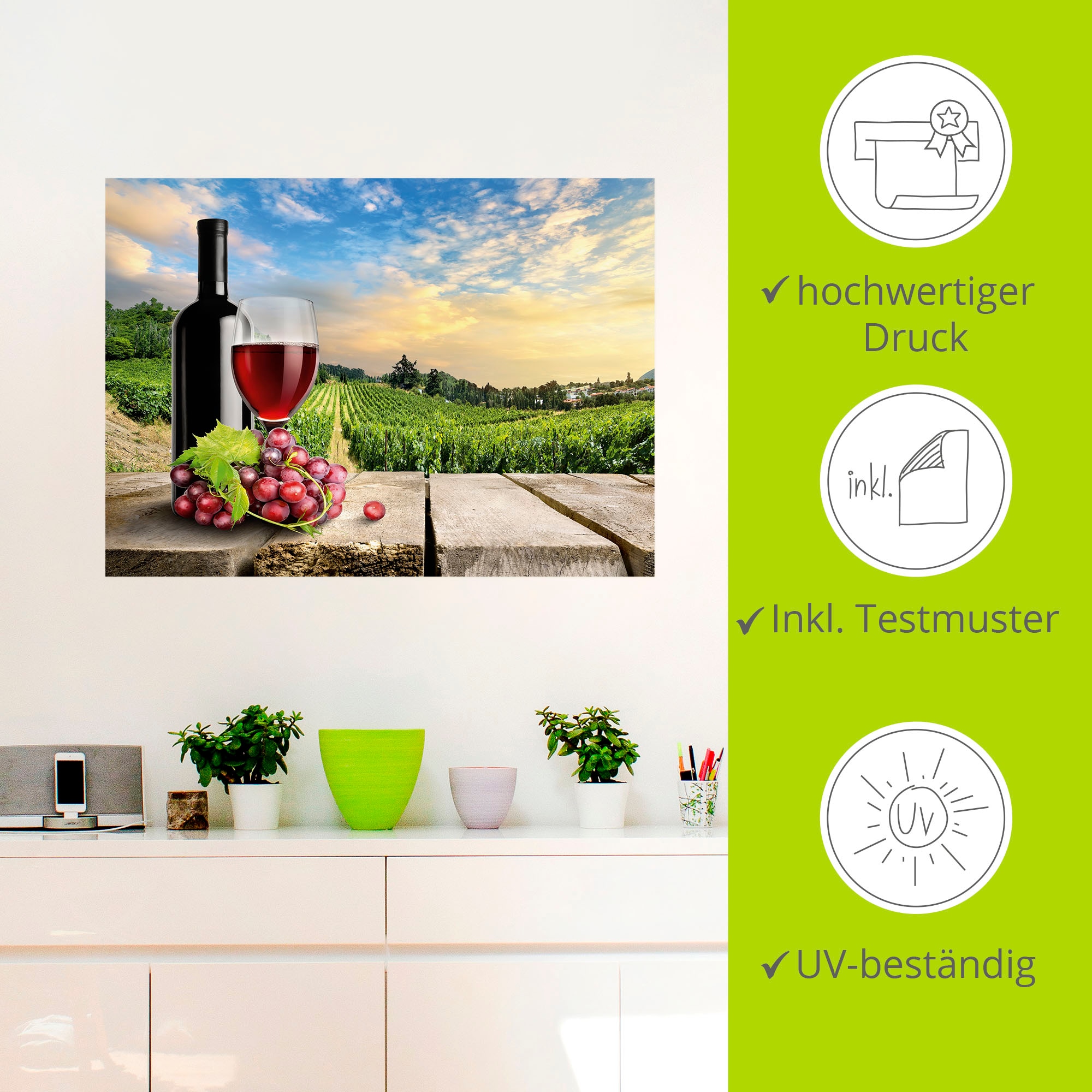 Artland Wandbild »Wein vor Weinbergen«, Berge, (1 St.), als Alubild, Outdoorbild, Poster, Wandaufkleber in verschied. Größen