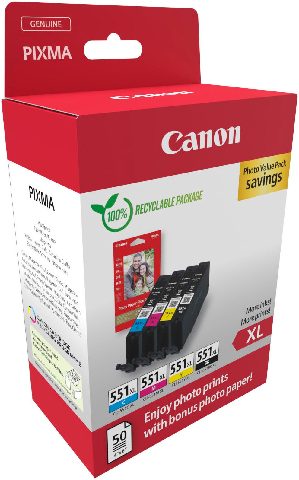 Canon Tintenpatrone »CLI-551XL BK/C/M/Y + Photo Value Pack«, (Packung, 4 St.)