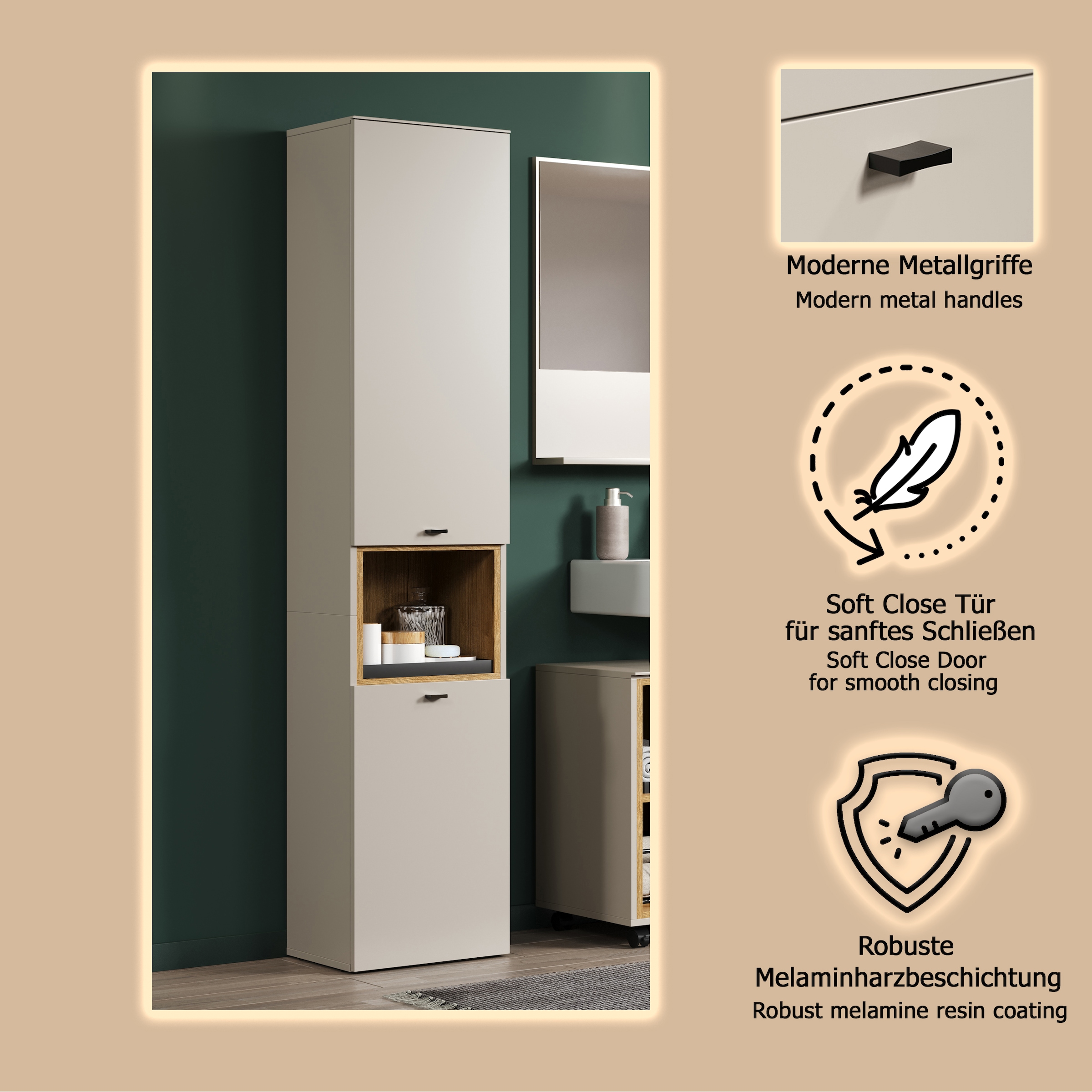 welltime Hochschrank »San Pedro«, (1 St.), Badezimmerschrank mit Soft-Close-Funktion - Maße (B/T/H) 40/31/186 cm