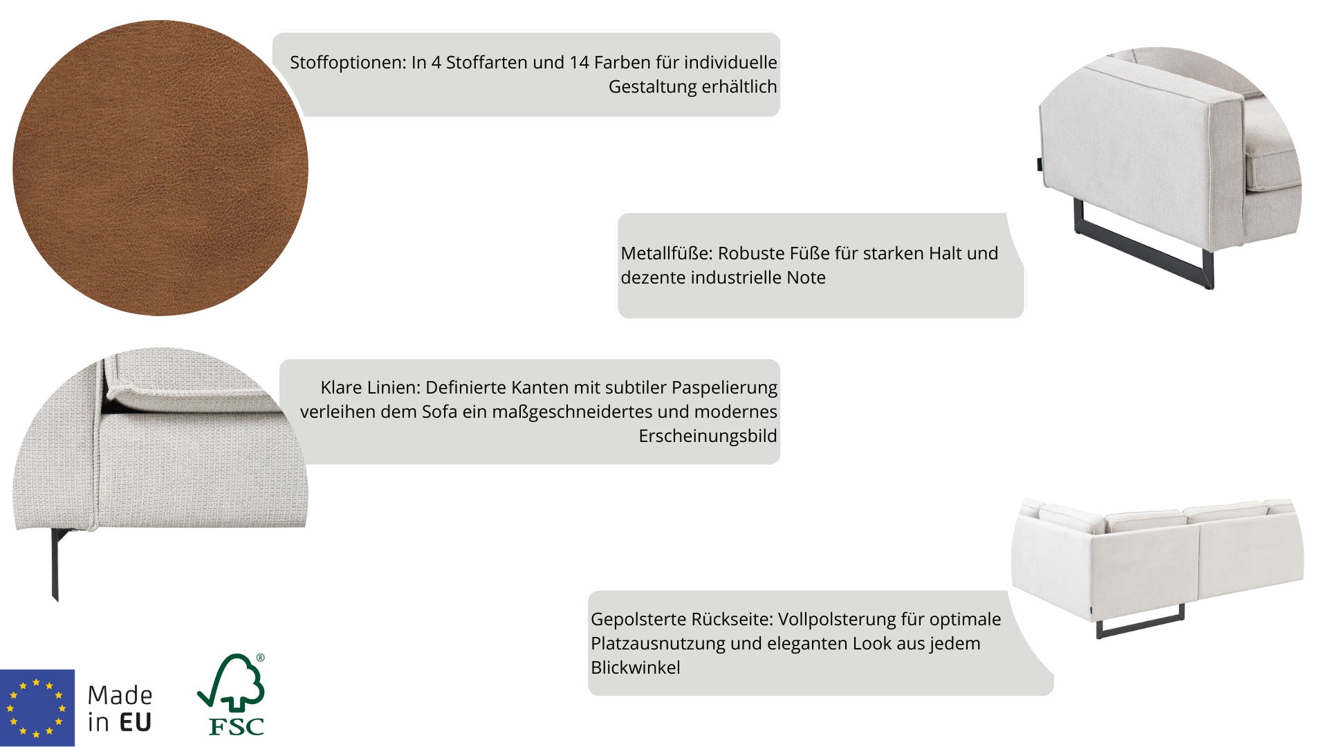 Places of Style Ecksofa »Pinto, 290 cm, Ottomane links / rechts«, Cord, Feincord, Luxus-Microfaser Leder und Chenille