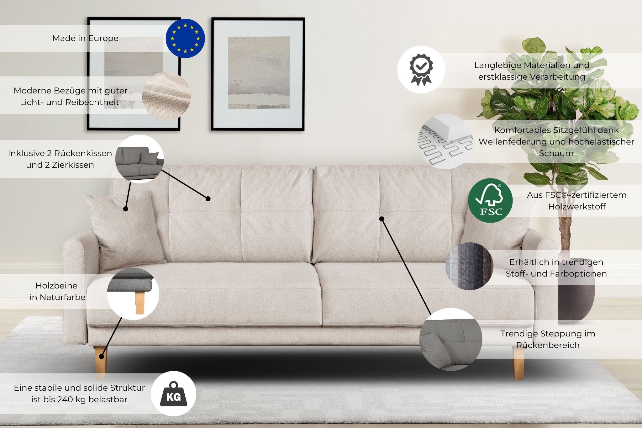 Home affaire 2-Sitzer »TRIPLO mit Wellenunterfederung, Maße B/T/H: 165/100/89 cm«, Sofa mit Steppung im Rückenbereich, incl. Rückenkissen und Zierkissen