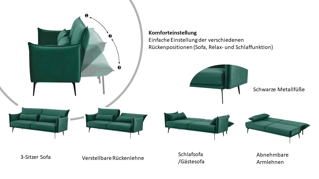 INOSIGN Schlafsofa »TULARE, 204 cm, klappbarer 3-Sitzer mit verstellbarer Rückenlehne,«, Schlaffunktion, Velvet-Samtvelours u. Webstoff
