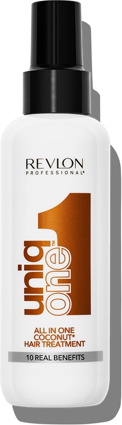 REVLON PROFESSIONAL Leave-in Pflege "UNIQONE HAIR TREATMENT COCONUT FRAGRANCE" Sprühkur mit zehn Vorteilen für trockenes und strapaziertes Haar.