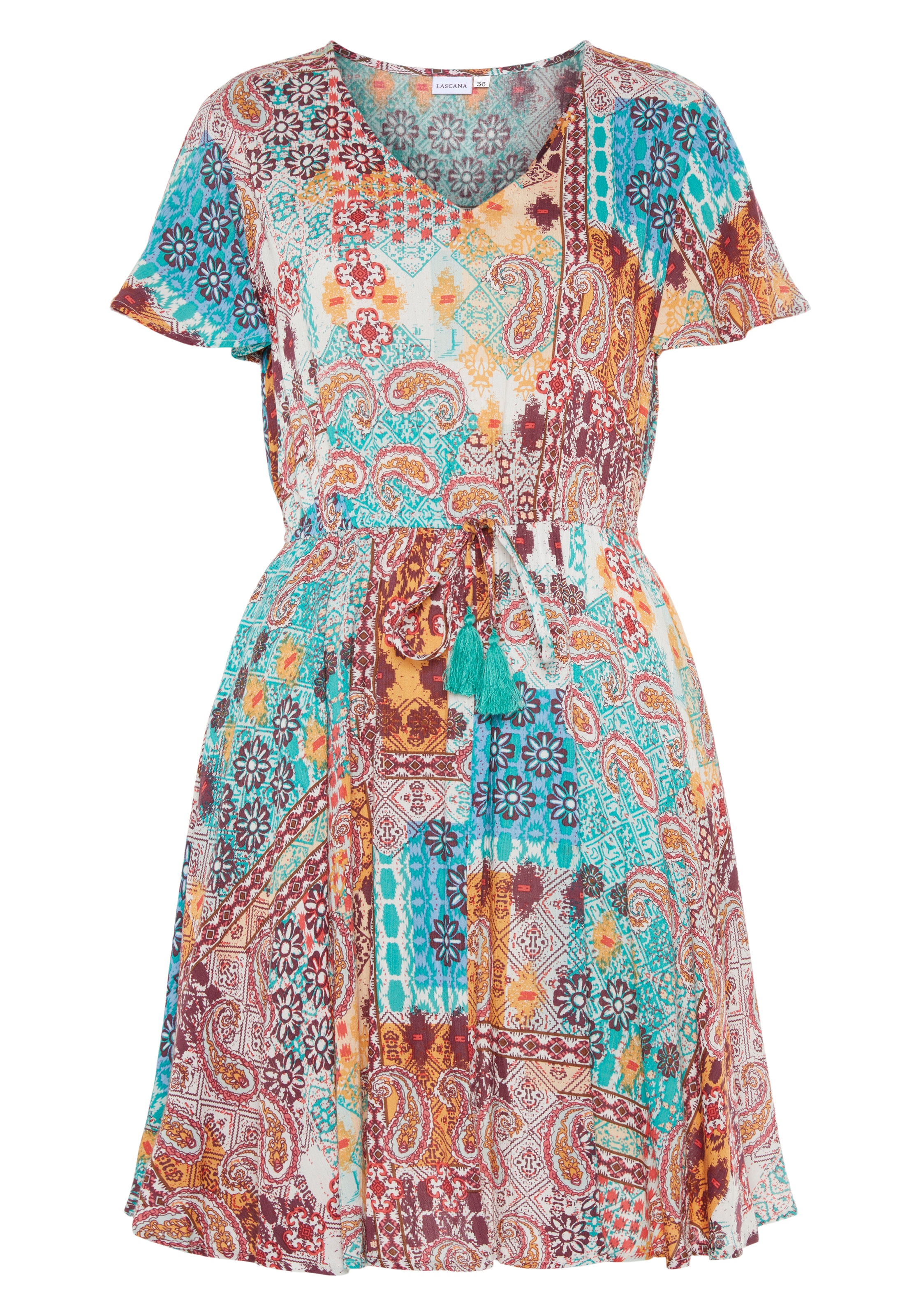 LASCANA Druckkleid, aus gekreppter Viskose, farbenfrohes Sommerkleid, Stran günstig online kaufen