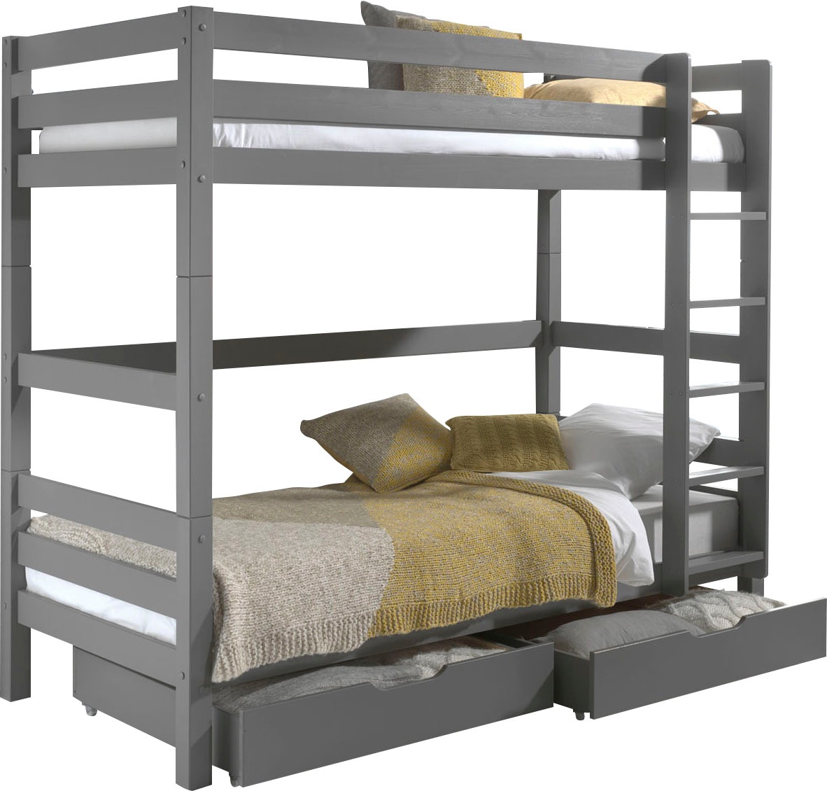 Vipack Lit Enfant Superposé Hauteur 180 Pino 90x200cm Gris + 2 tiroirs de lit