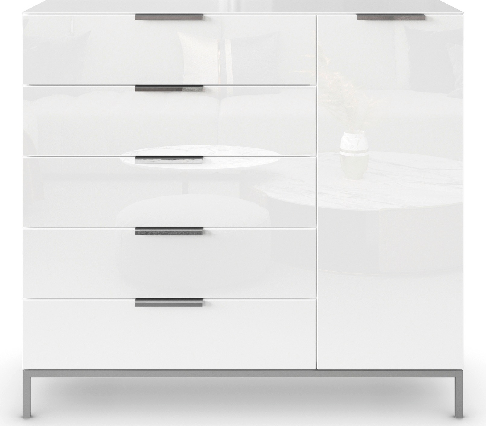 rauch Kombikommode »Kommode Türkommode Sideboard Kombikommode FLIPP mit Glasfront«, (Breite 120 cm mit 2 Einlegeböden), 1-türig, 5 Schubladen, Soft-Close-Funktion, Oberboden und Front Glas