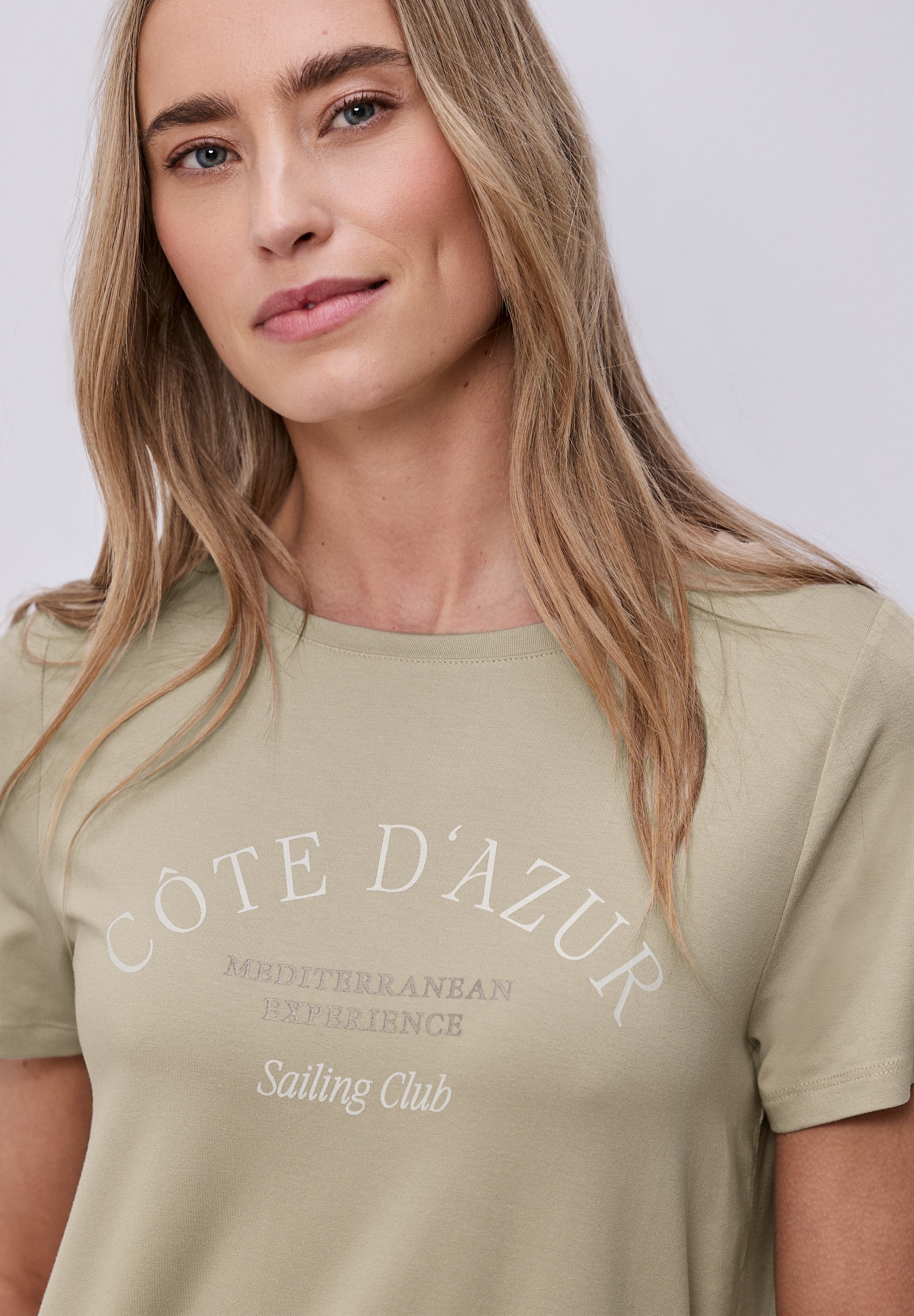 Rundhalsshirt STREET ONE, Damen, Gr. 44, cobble stone, Jersey, Obermaterial: 95% Viskose, 5% Elasthan, bedruckt, tailliert hüftbedeckend, Rundhals, abgerundeter Saum, Shirts Rundhalsshirt, Sommershirt mit Wording-Print 2