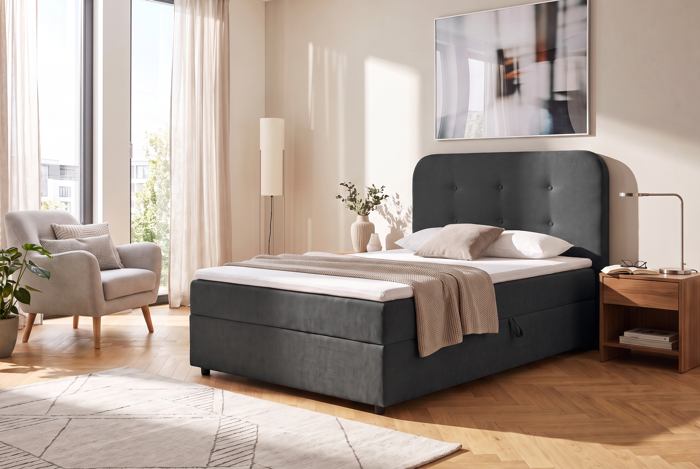 Home affaire Boxbett "AMRUM, Polsterbett mit Bettkasten, inkl. Taschenfederkernmatratze H3" mit Kaltschaumtopper, Chenille-Bezug, 120x200 & 180x200 cm