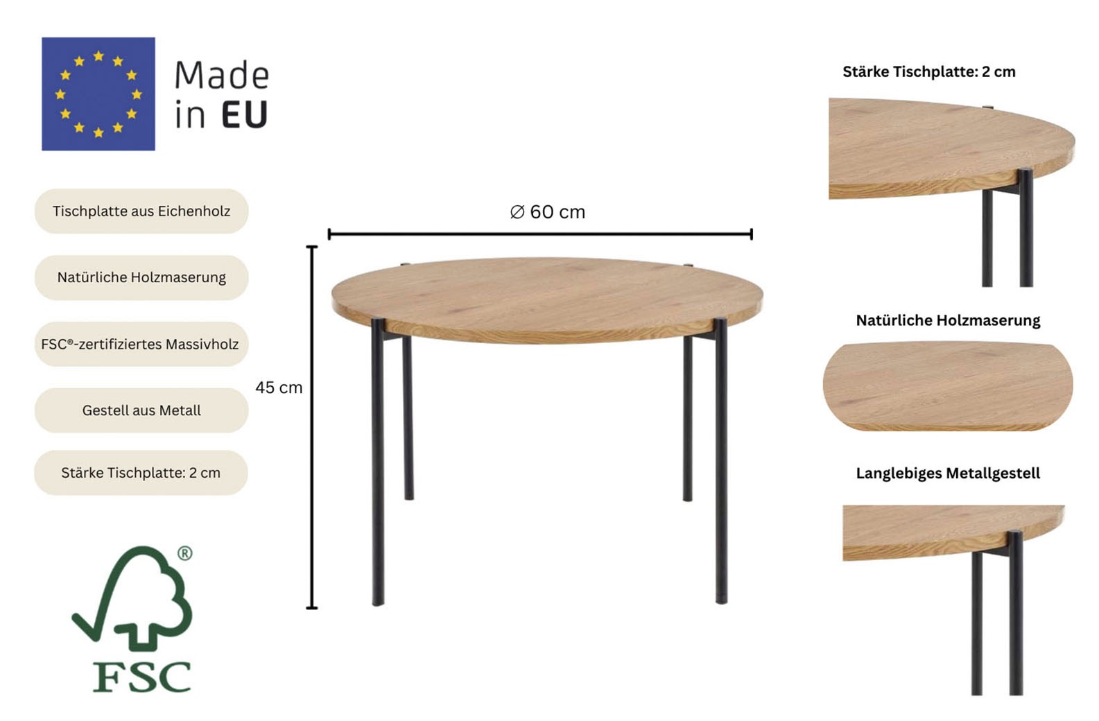 Thumbnail - andas Couchtisch "Vantaa" B/T/H: 60/60/45 cm, Esstisch, Tischplatte aus Eichenholz, D Ø 60 cm, Metallgestell