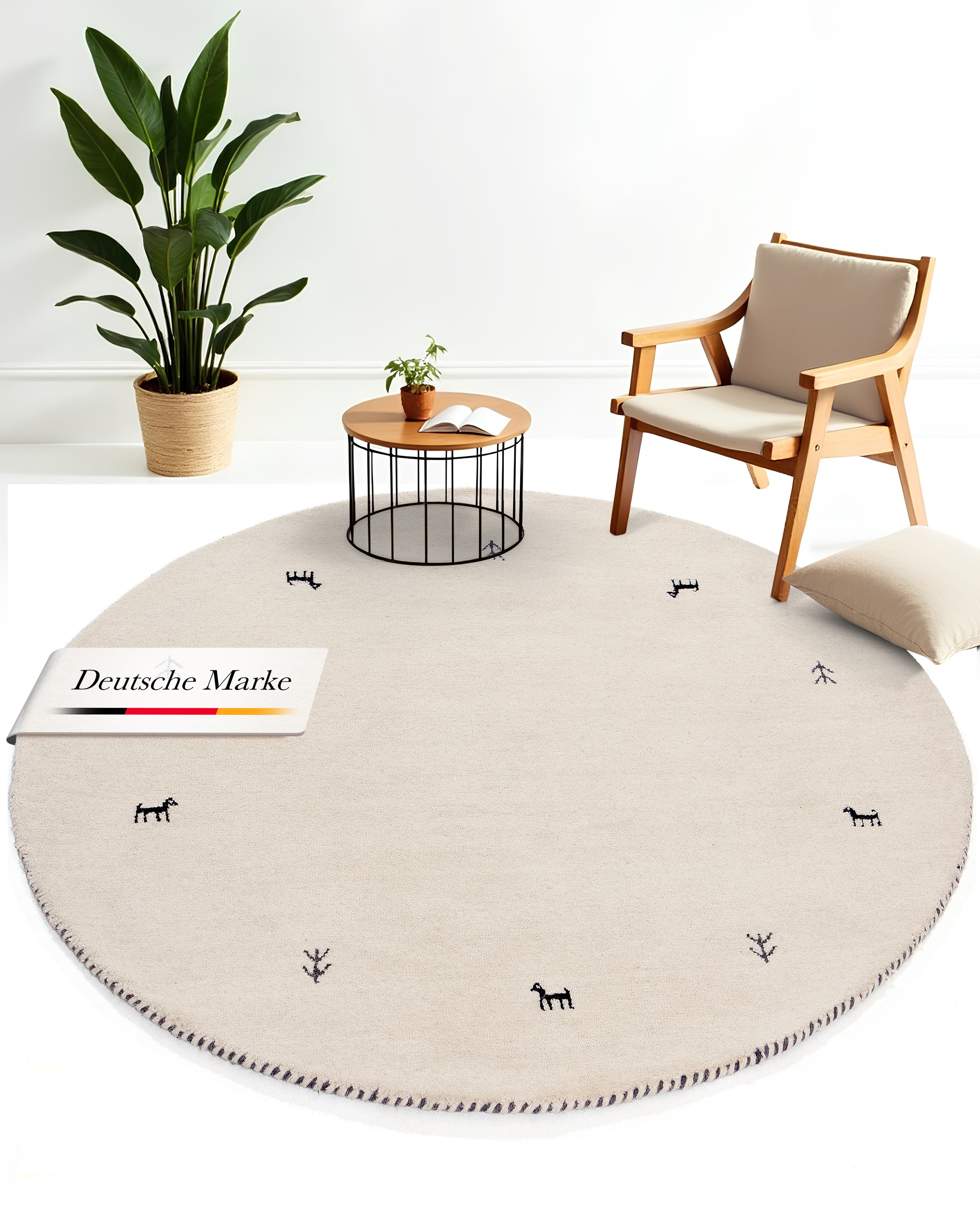 Wollteppich CARPETFINE "Gabbeh Uni", weiß, H:15mm Ø:200cm, Wolle, Teppiche, reine Wolle handgewebt, Gabbeh Tiermotiv warmes Raumklima viele Größen