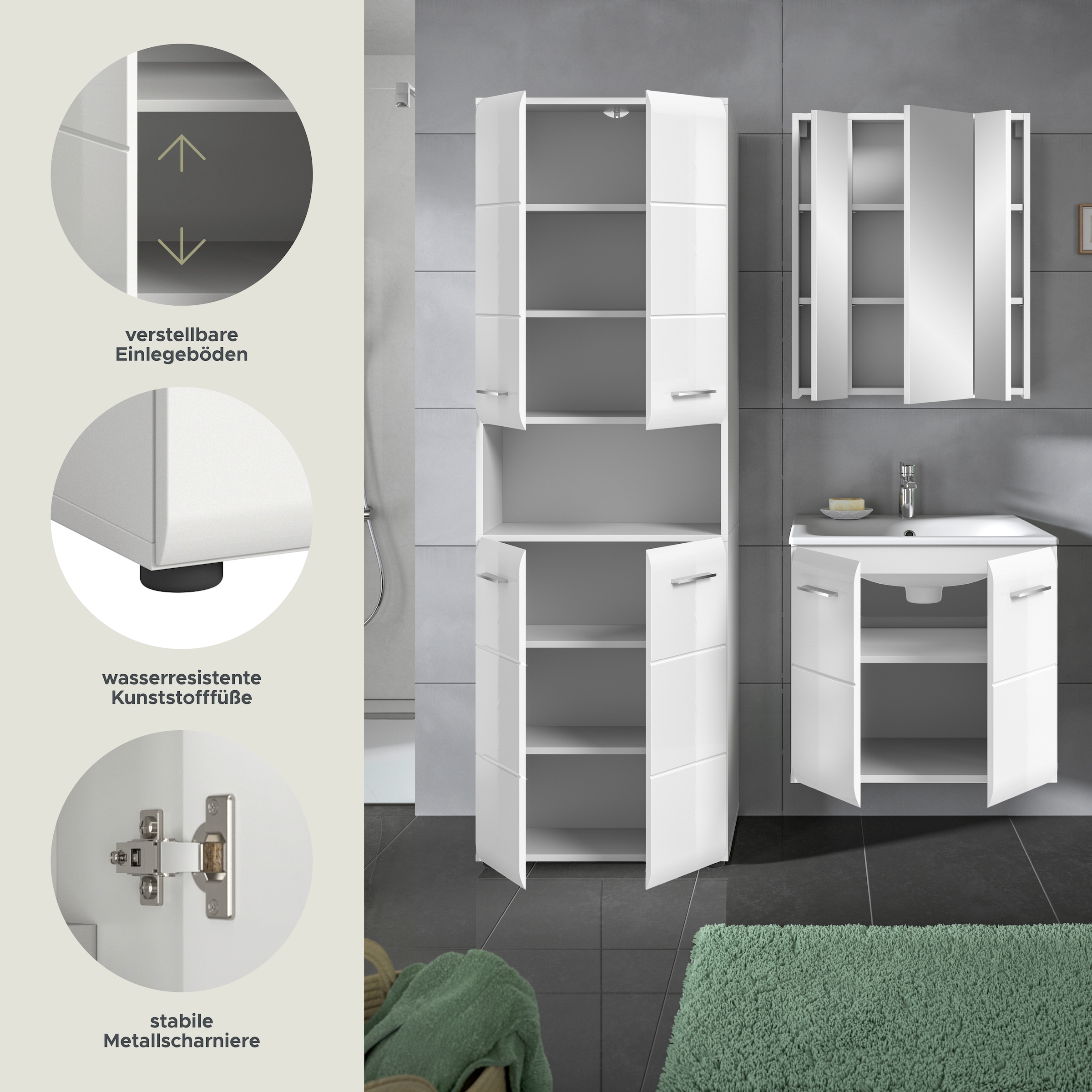 INOSIGN Badezimmer-Set, (Set, 4 St.), Florenz, Badkombination 4-tlg.,Weiß hochglanz, inkl. Waschbecken