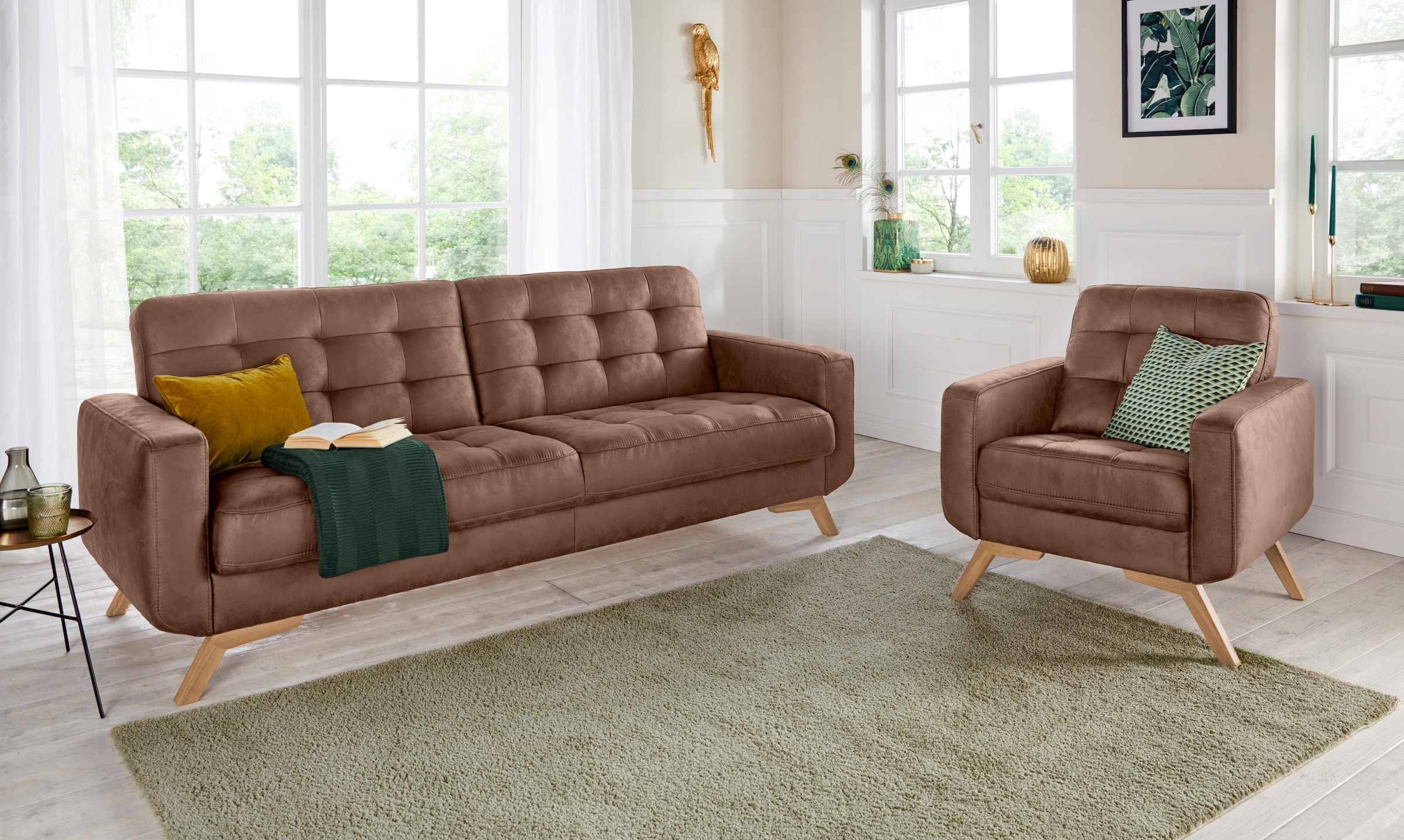 exxpo - sofa fashion 3-Sitzer »Fiord, aktuelles Design, tolle Detailverarbeitung im Sitz und Rücken«, bequem, wahlweise Kippcouch mit Bettfunktion und Bettkasten, Holzfuß