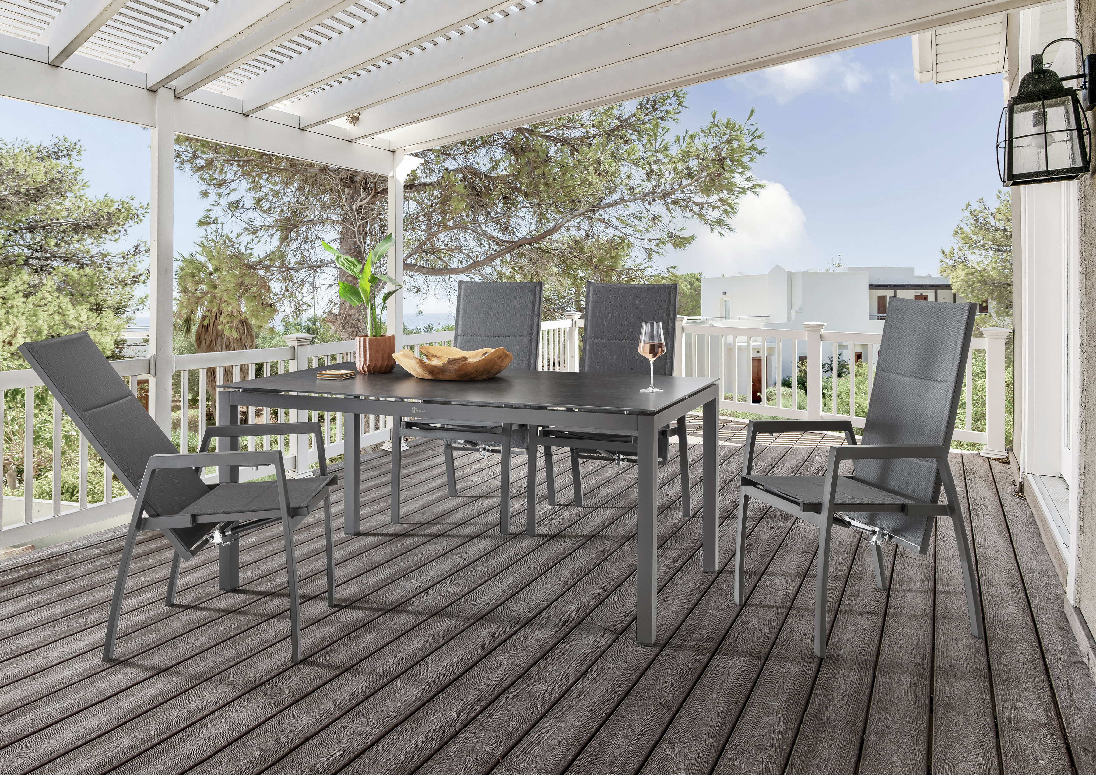 Destiny Garten-Essgruppe "COSTA HL CREMONA 4 HL + Tisch 160x90cm, anthrazit" Set, 5 Stk. tlg. Aluminium, Textilene, Tischplatte: Glas mit Keramiküberzug