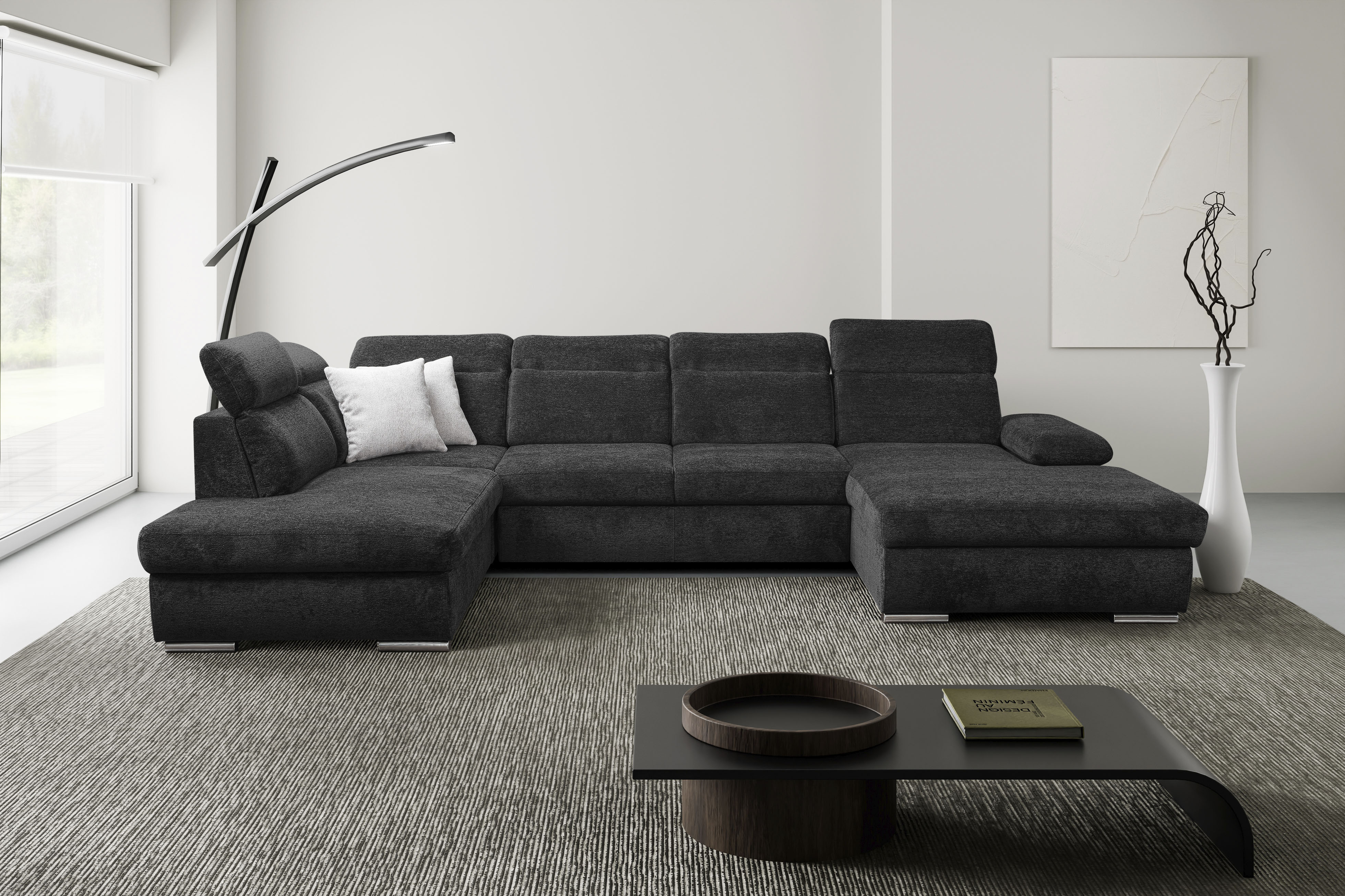 WERK2 Wohnlandschaft "Cordoba 359 x 232 cm inkl. Bett modern und bequem" Struktur weich, U-Form, XXL, Schlaffunktion, Bettkasten