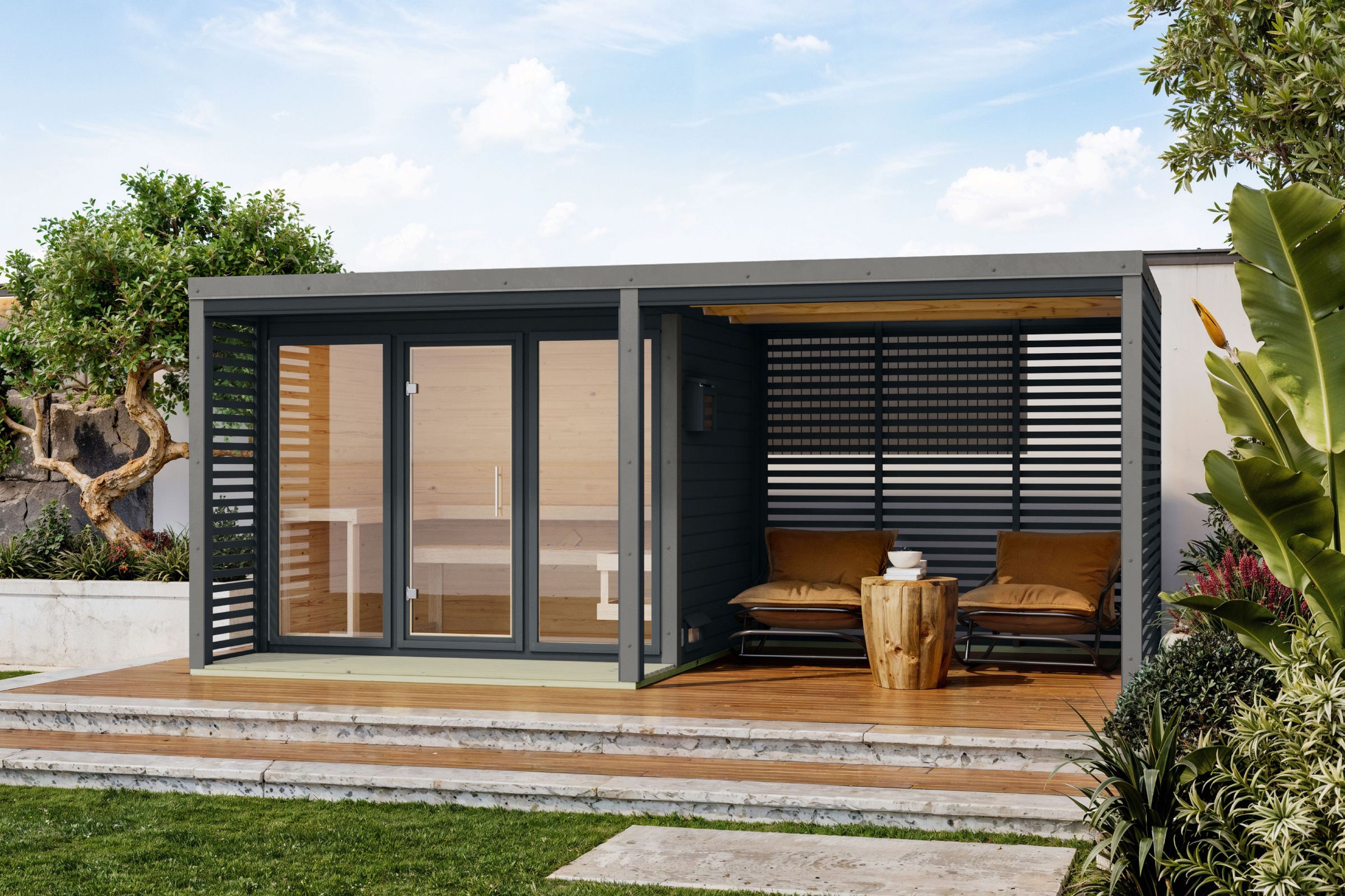 Karibu Saunahaus »"Adrian 3" anthrazit-graualuminium« Wände aus nordischer Fichte, Stahlecken und Stahl-Dachabschluss