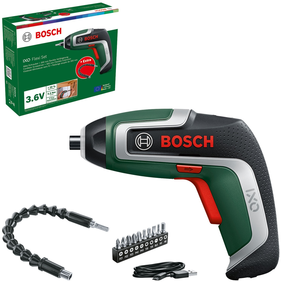 Bosch Home & Garden Akku-Schrauber »IXO 7 Flexi-Set«, mit flexibler Verlängerung 300 mm, Bit-Set und Ladekabel