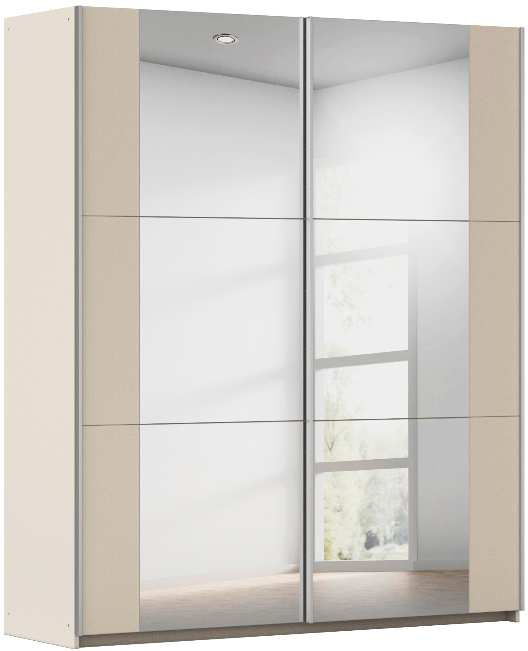 rauch Schwebetürenschrank "Kleiderschrank Drehtürenschrank Schrank Garderobe KRONACH" in 3 Ausstattungen BASIC/CLASSIC/PREMIUM, Breiten 131/175/218/261 cm, optional ohne, mit 1 oder 2 Spiegel, viel Stauraum MADE IN GERMANY