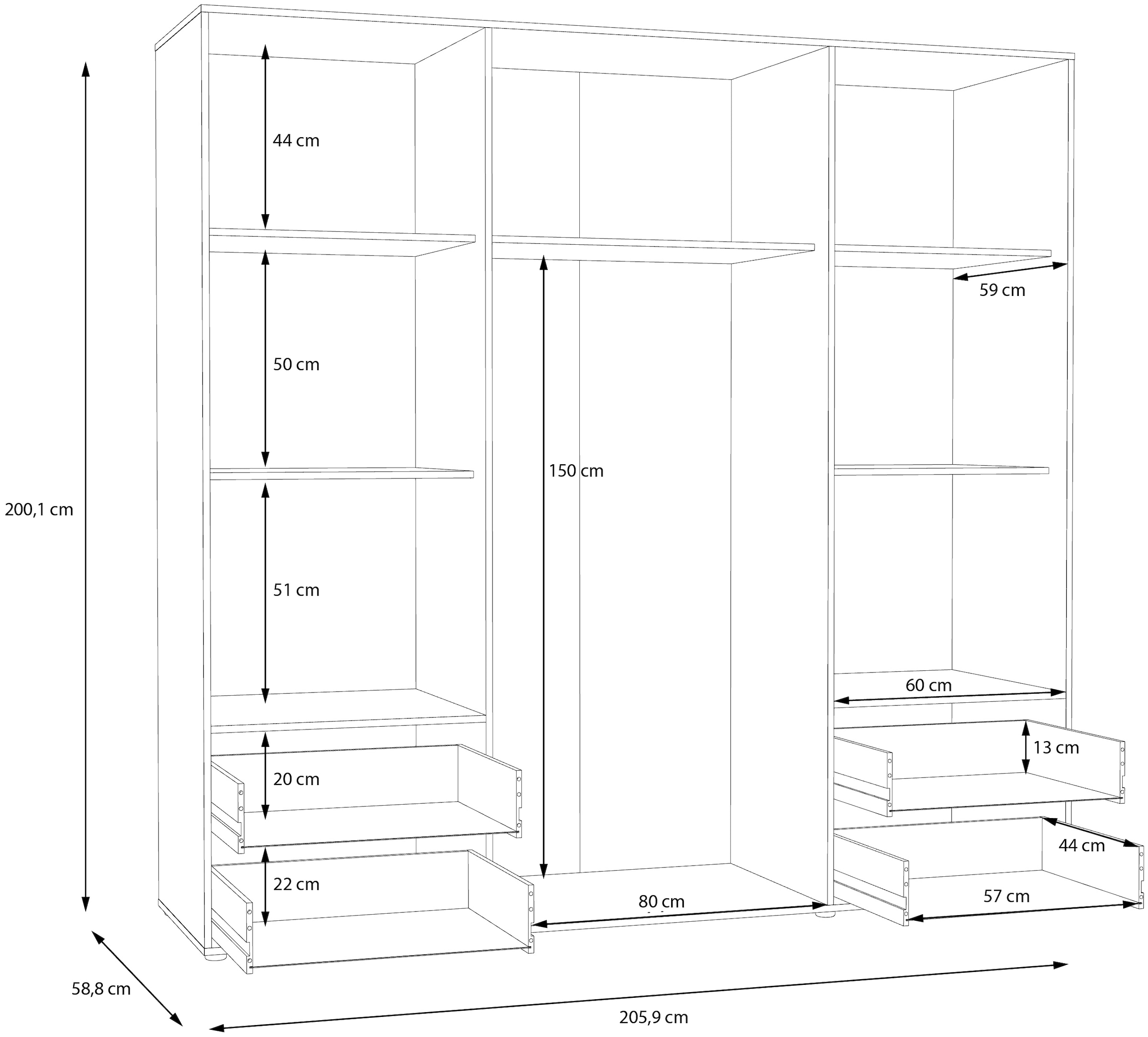 FORTE Drehtürenschrank »Mokkaris. TOPSELLER! verschiedene Größen und Farben«, (BHT ca. 145x200x59cm oder BHT ca. 206x200x59cm), mit Schubladen und schwarzen Stangengriffen, Made in Europe