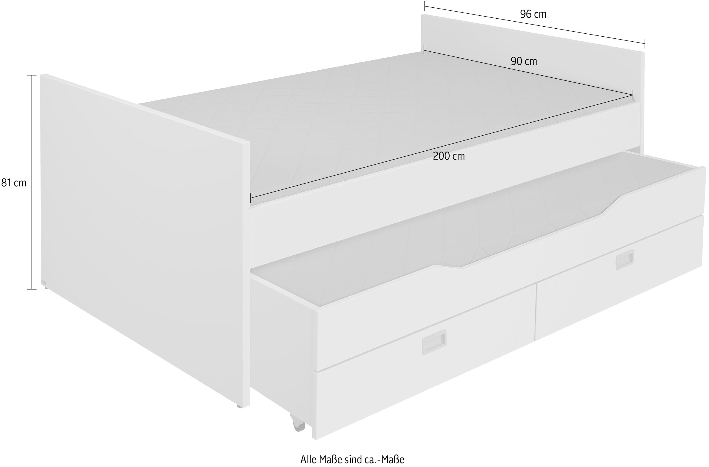 PAIDI Einzelbett »TIAGO in verschiedenen Ausführungen, Jugendliege mit Bettkasten« Breite/Länge: 90x200 cm / 120x200 cm,  Kojenbett inklusive Ausziehbett in 90x190 cm & 2 Schubladen