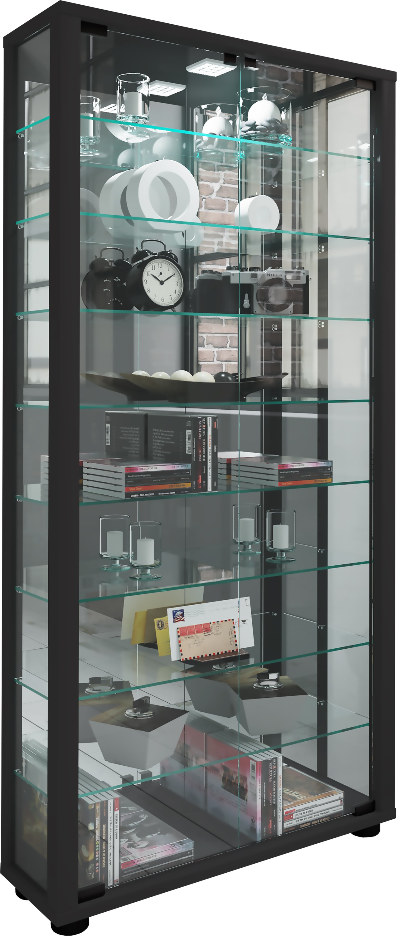 Vitrine VCM, B:59cm H:115cm T:18cm, schwarz, Obermaterial: 100% Holz Wood., Wohnzimmer, Schränke, "VCM Glasvitrine stehend Vitrine Glas mit