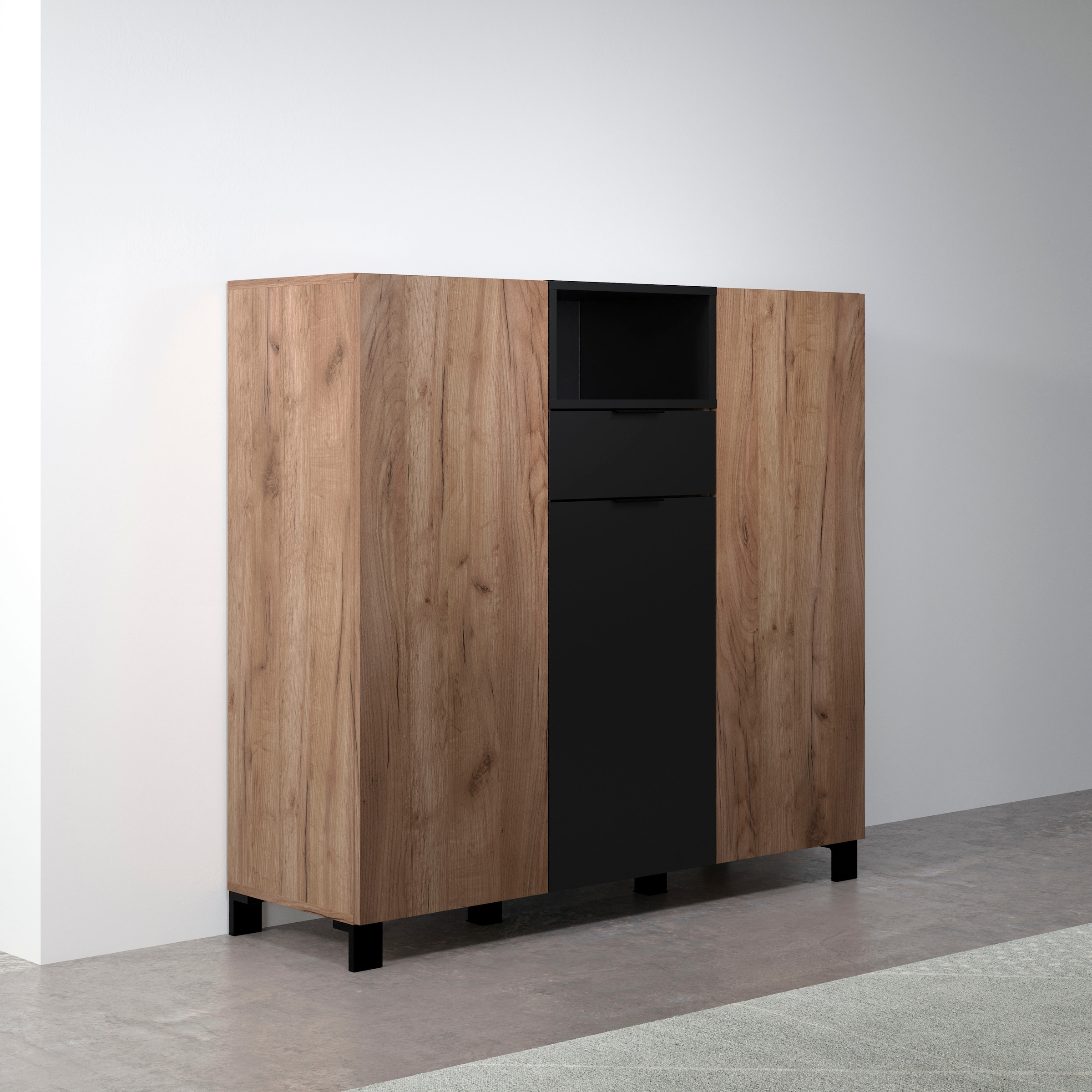 INOSIGN Highboard »Kriens«, Hochschrank Eiche, hellbraun / schwarz matt, Breite 125cm, Höhe 117cm