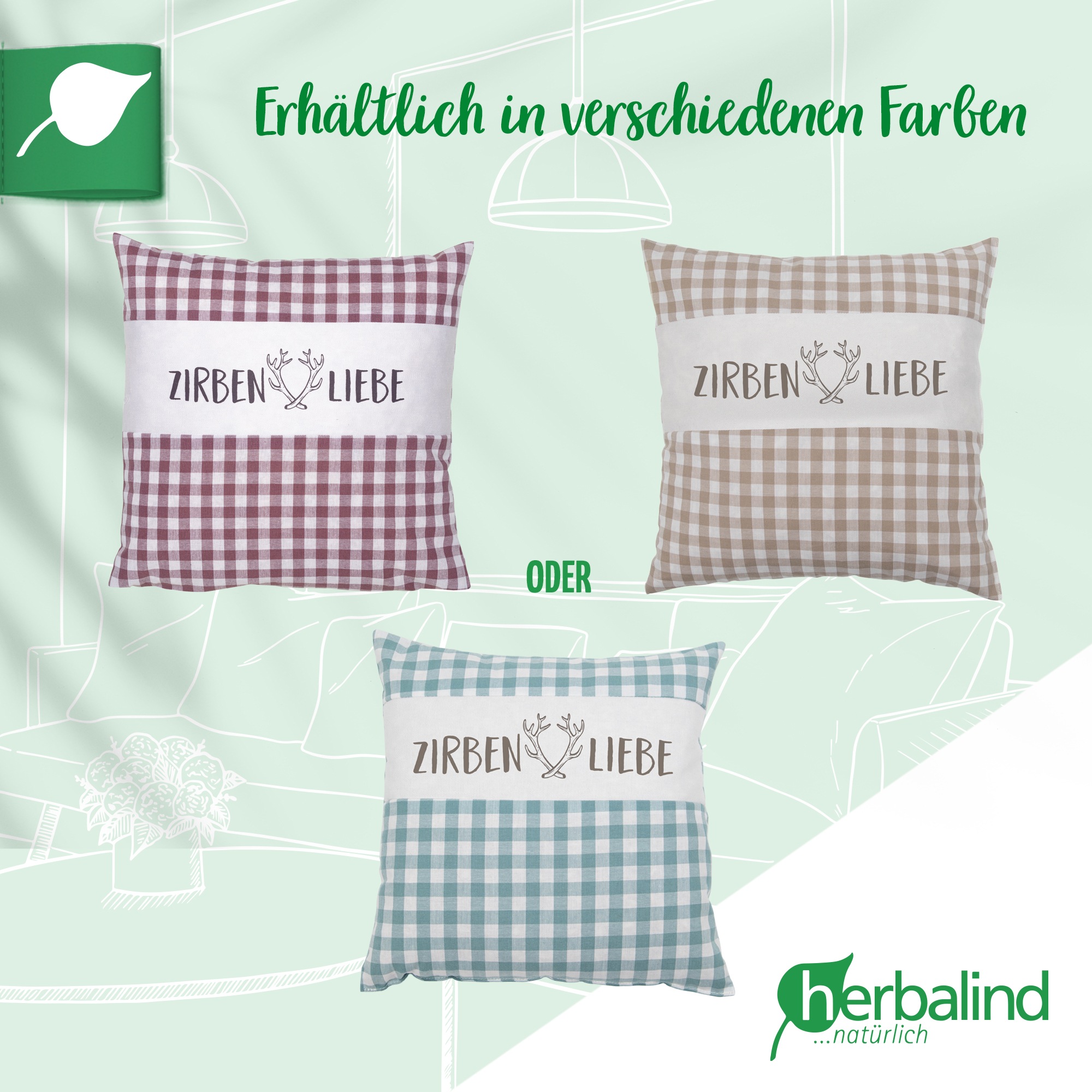 Thumbnail - herbalind Duftkissen "als Geschenk 30x30 in mint Dekokissen Zirbenliebe mit Reißverschluss", (1 St.), 100% Zirbenholzflo...