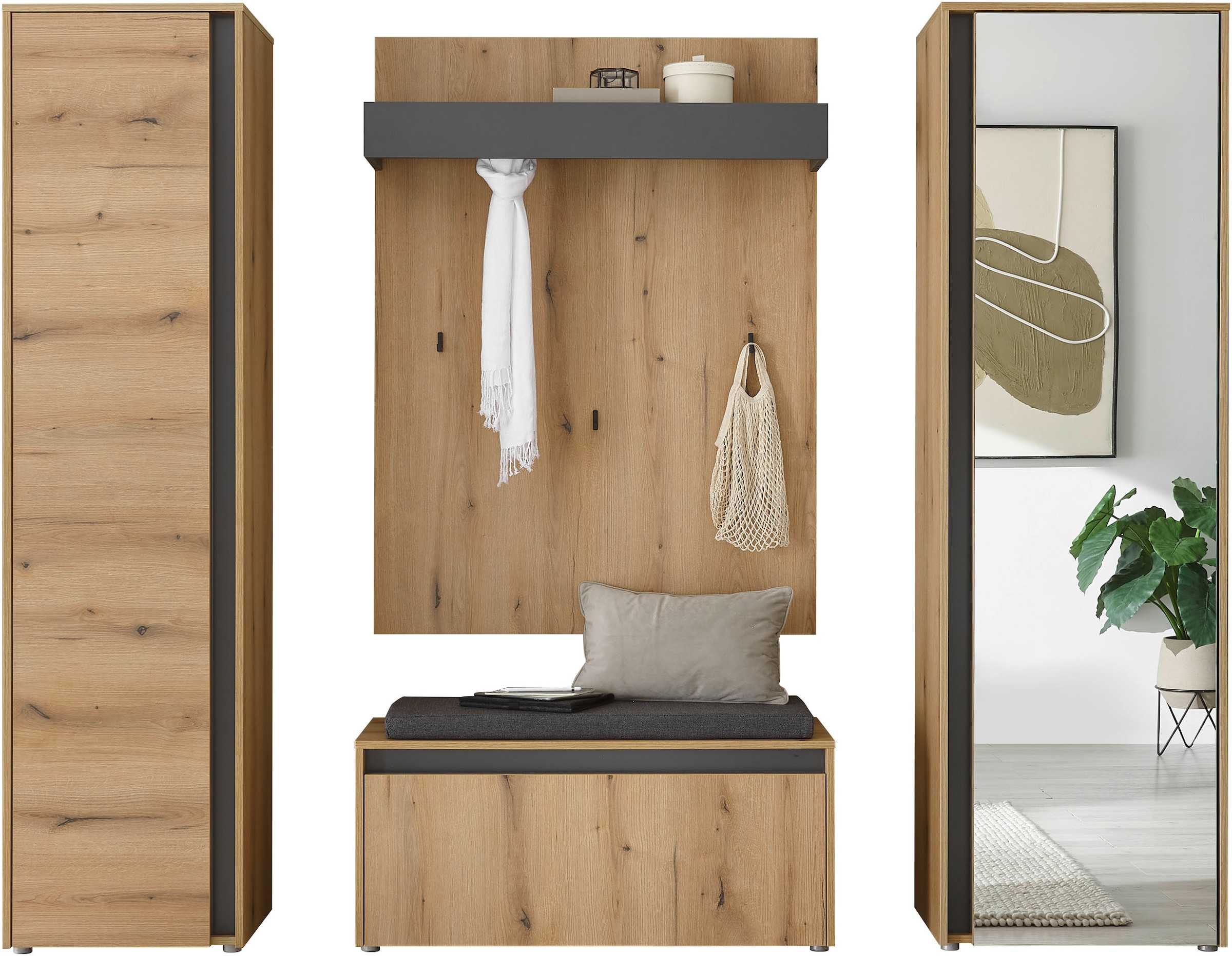 INOSIGN Garderoben-Set »GIRON/CiTY, moderne Garderobe, Komplettset mit viel Stauraum«, (Komplett-Set, 4 St.), enthält Garderobenschränke, Paneel & Schuhbank +Sitzkissen