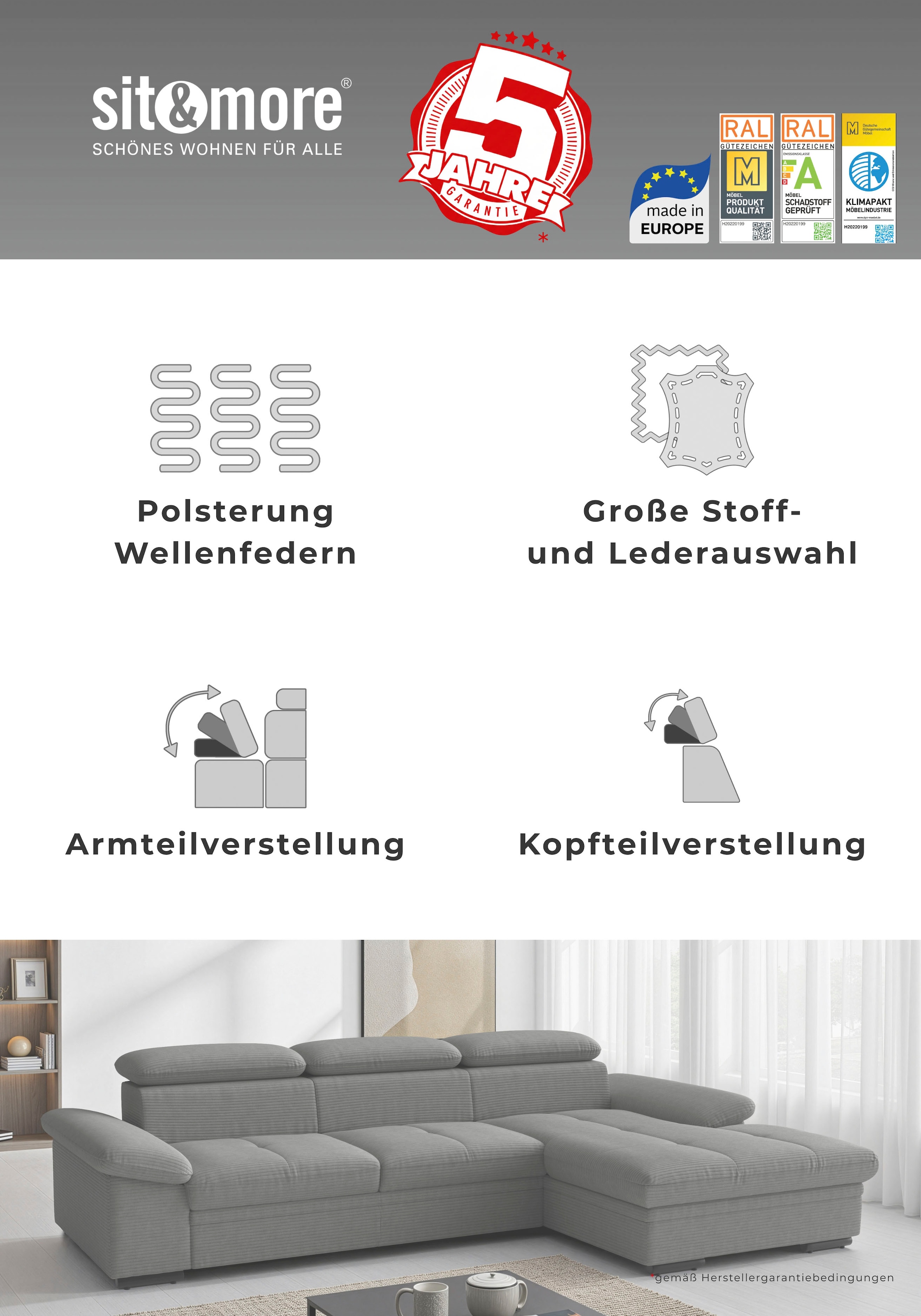 sit&more Ecksofa »Viola L-Form, B: 249 cm, Arm- & Kopfteilverstellung« optional Schlaffunktion, Sofa mit Komfortsitz