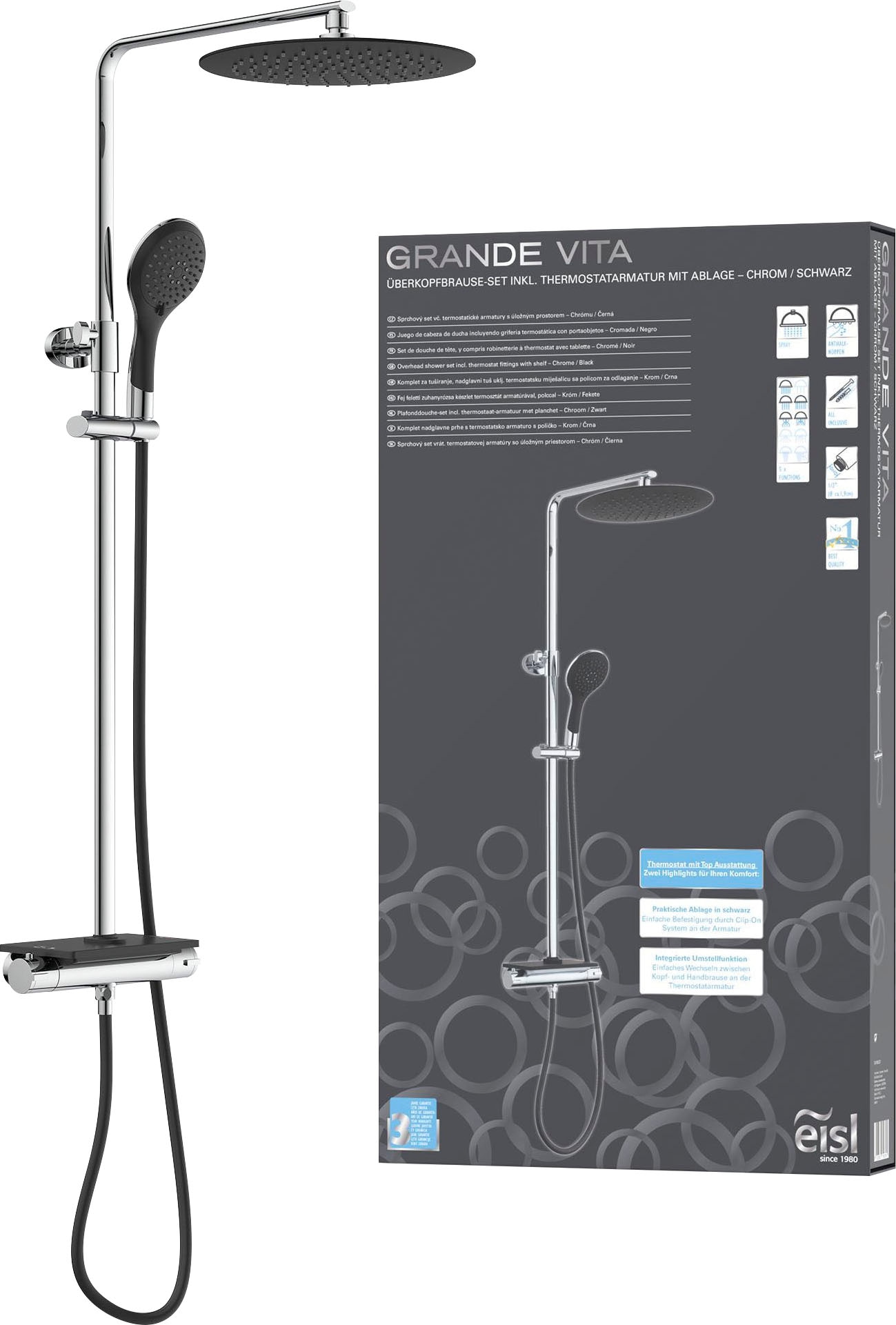 Eisl Brausegarnitur "Grande Vita", Duschsystem mit Thermostat und Ablage, Regendusche mit Wandhalterung