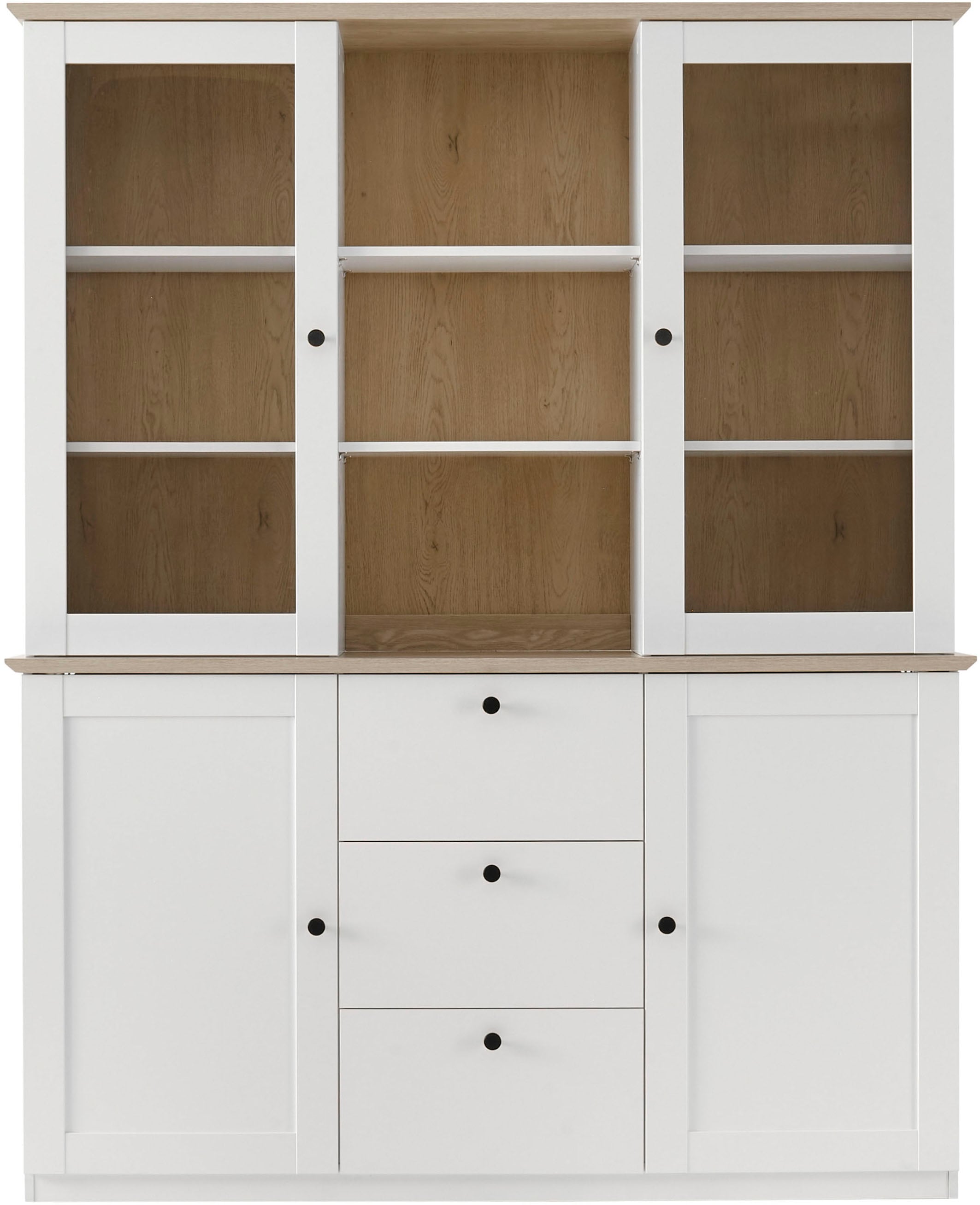 OTTO home Buffet »Brest, Hochschrank im Landhausstil, Schrank, Küchenschrank« schwarze Metallgriffe, viel Stauraum, Glastüren, 164 cm breit