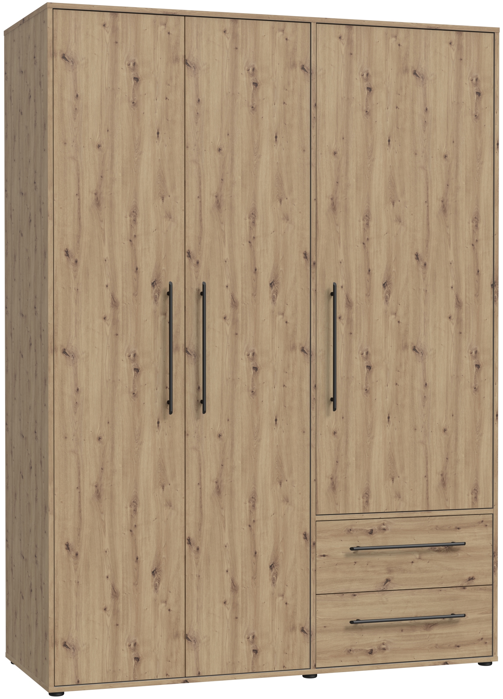FORTE Kleiderschrank "Mokkaris, Garderobe, zeitloses Design, 3 Türen, Made in Europe" B/H/T ca. 144x200x59cm, Zwei Schubladen, schwarze Stangengriffe, Stauraum, auch in Schwarz